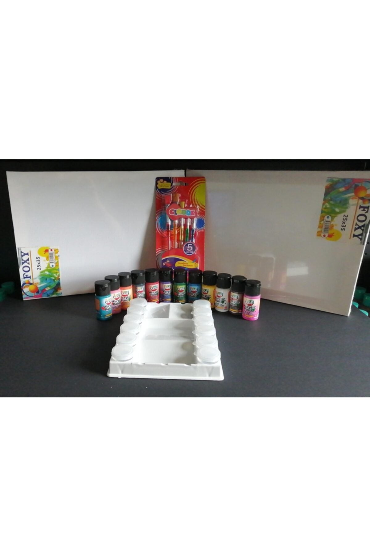 Akrilik Boya Seti 12 Renk+5li Fırça Seti+şişeli Palet+2 Adet Tuval 25x35