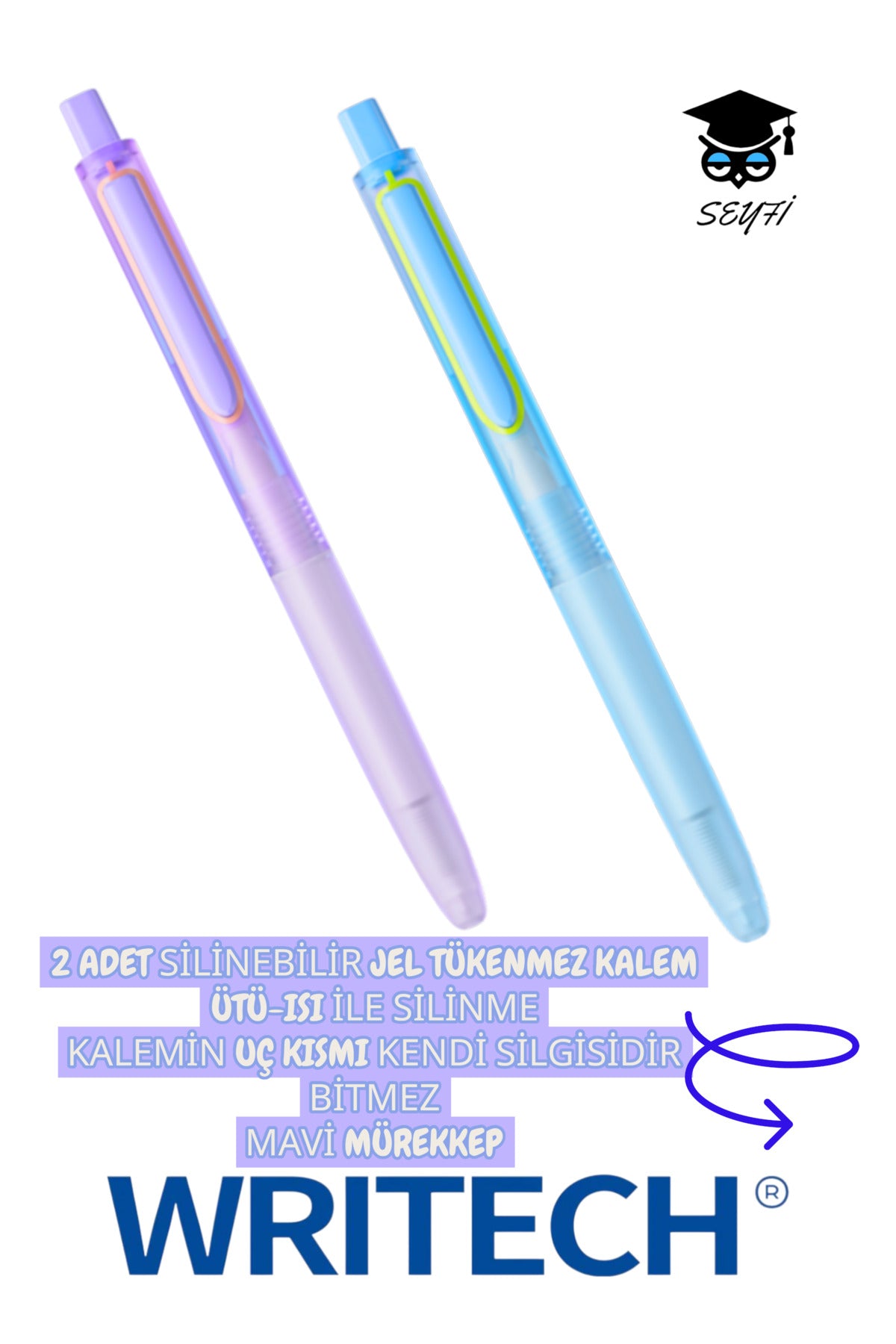 2 ADET 0.5 MM SİLİNEBİLİR JEL TÜKENMEZ KALEM ÜTÜ-ISI SİLİNME UÇ KISMI SİLGİ MAVİ MÜREKKEP WRİTECH