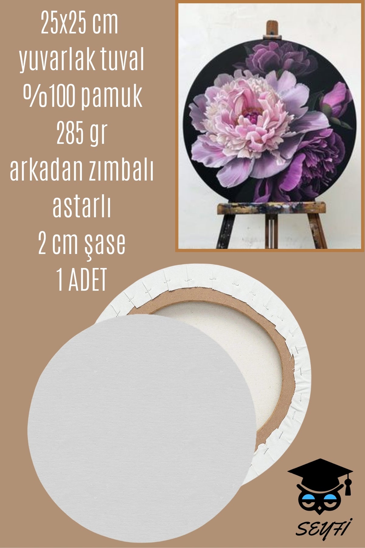 25X25 CM yuvarlak tuval %100 pamuk 285 gr arkadan zımbalı astarlı 2 cm şase 1 ADET