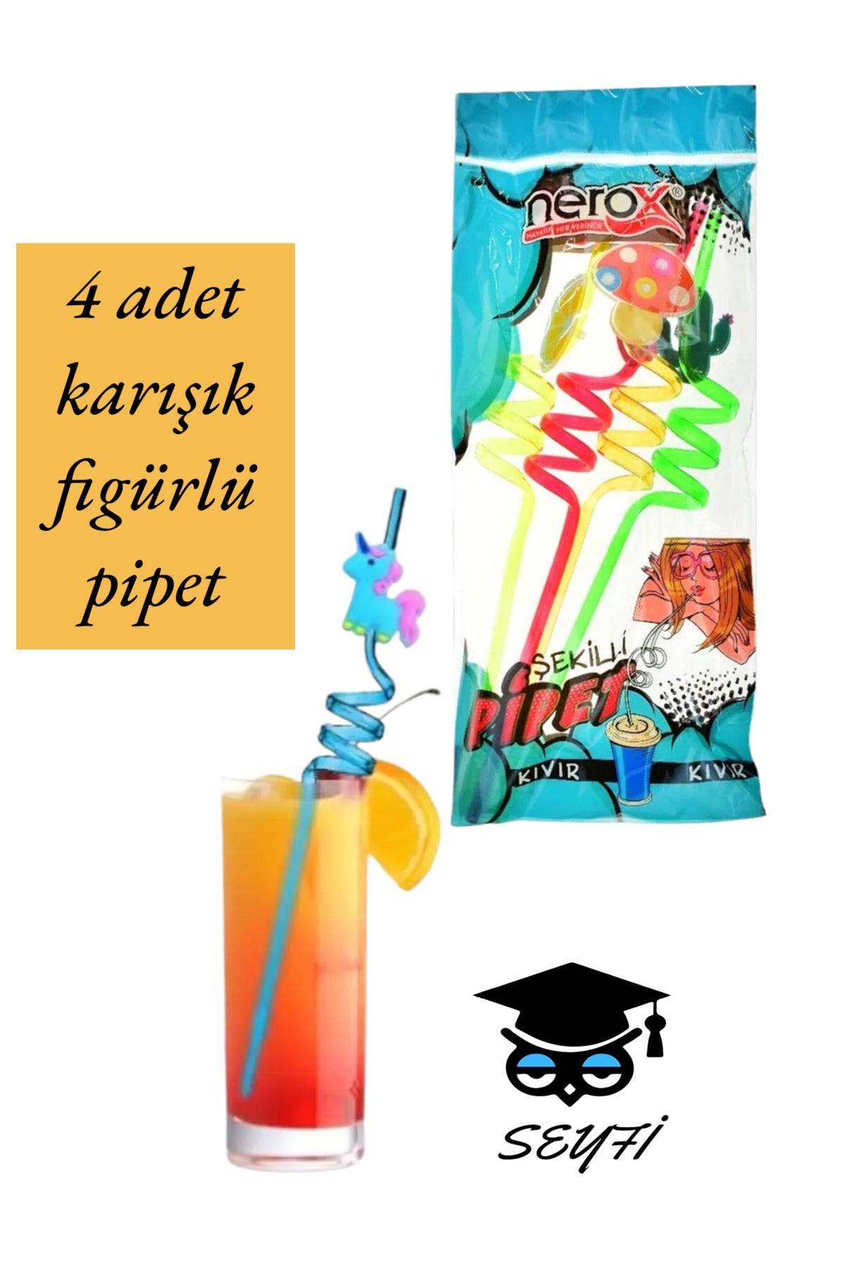 4 adet karışık figürlü pipet seti