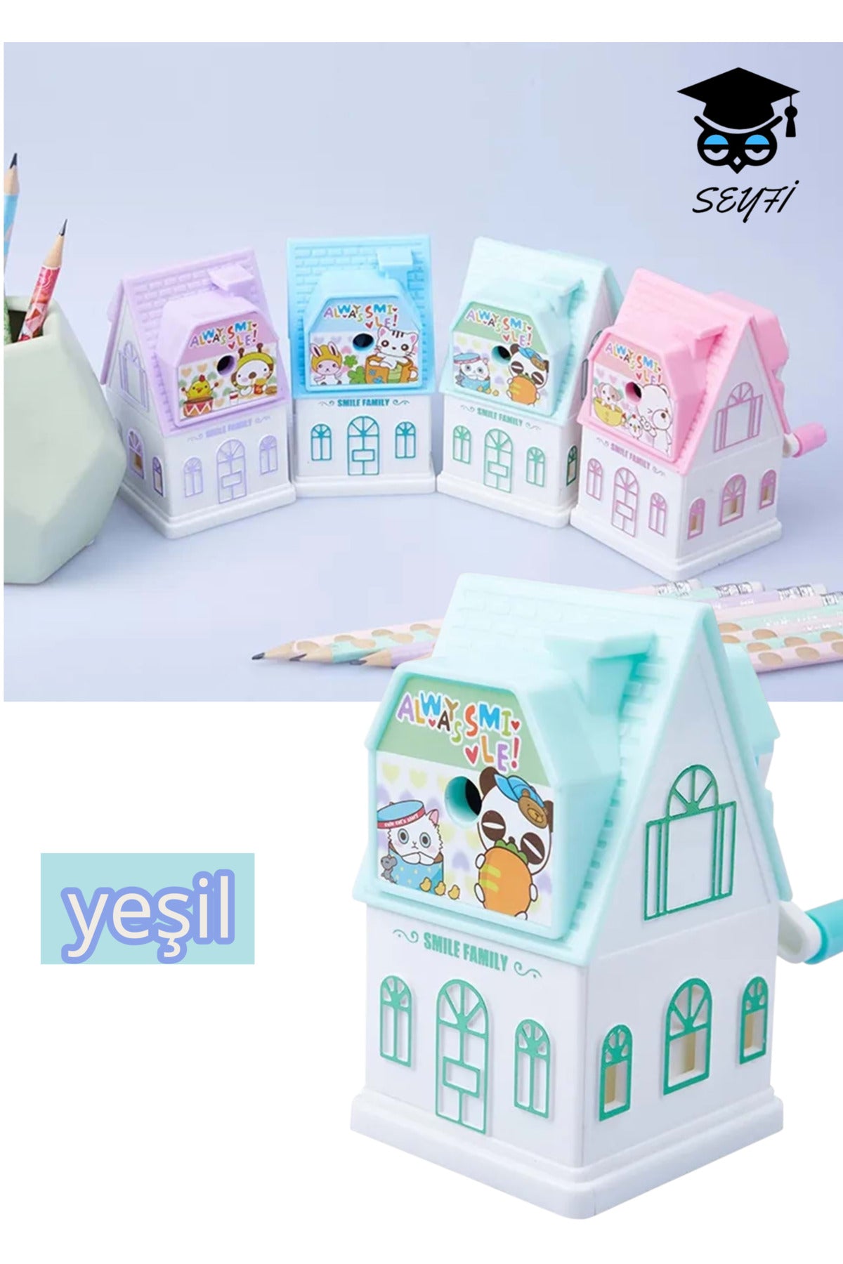 KOLLU KALEMTRAŞ EV MODEL FİGÜRLÜ MASAÜSTÜ KALEMTRAŞ