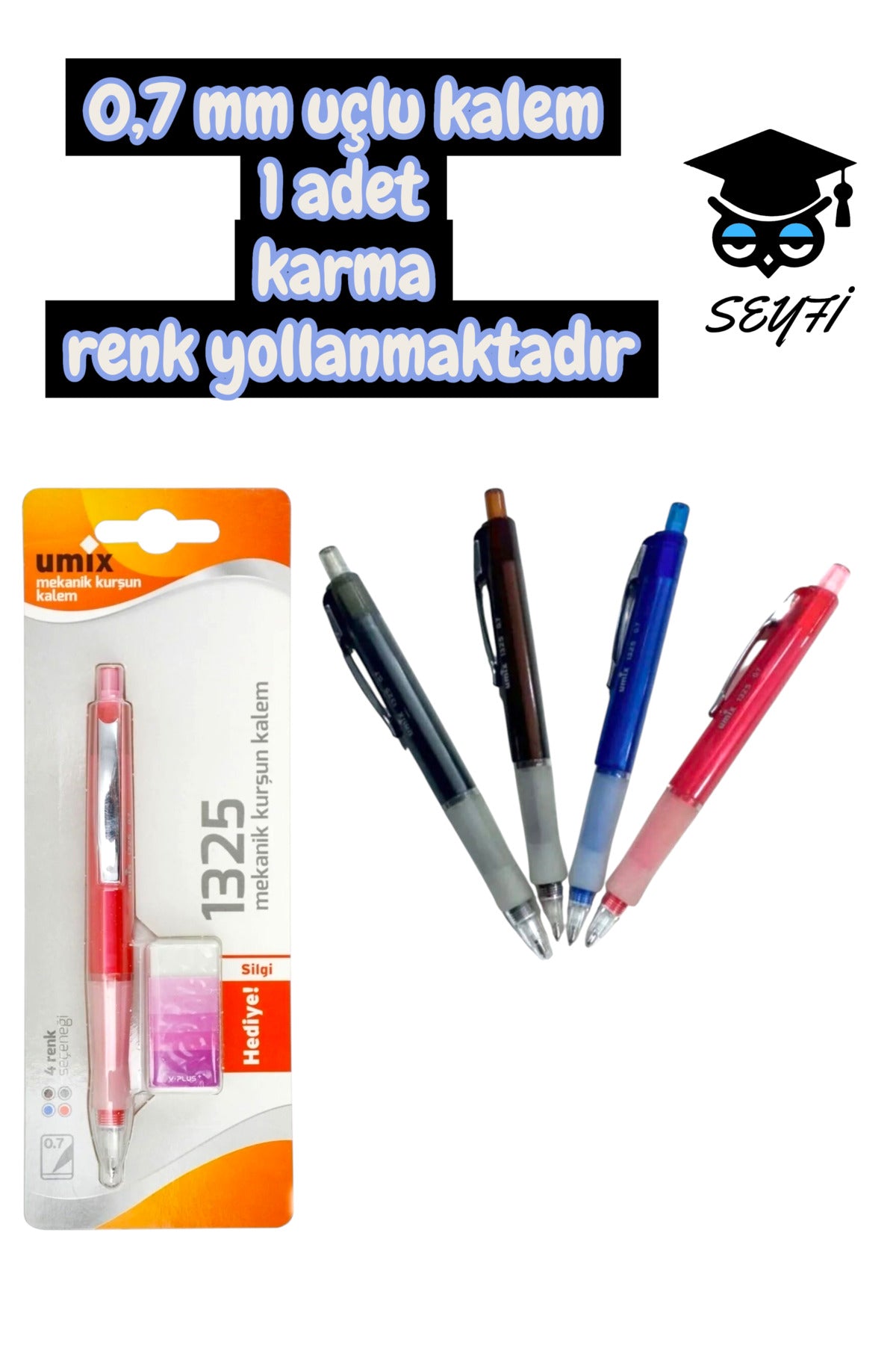 0,7 mm uçlu kalem 1 adet karma renk yollanmaktadır UMİX 1325