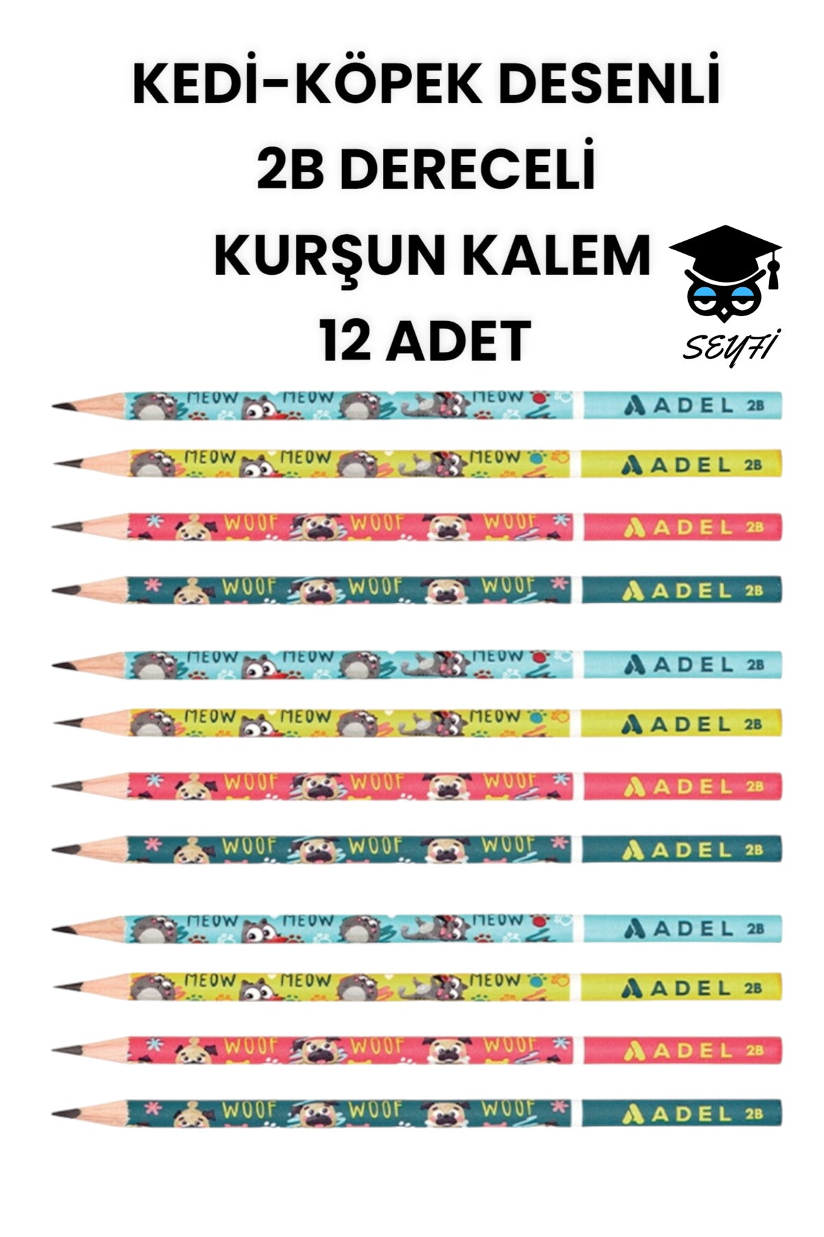 KEDİ-KÖPEK DESENLİ 2B DERECELİ KURŞUN KALEM 12 ADET ADEL