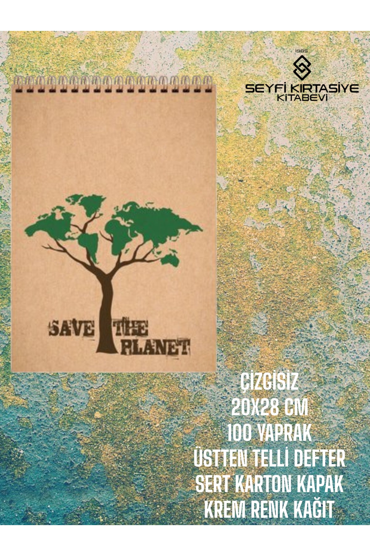 ÇİZGİSİZ 20x28 CM 100 YAPRAK TELLİ DEFTER SERT KARTON KAPAK KREM RENK KAĞIT SAVE THE PLANET