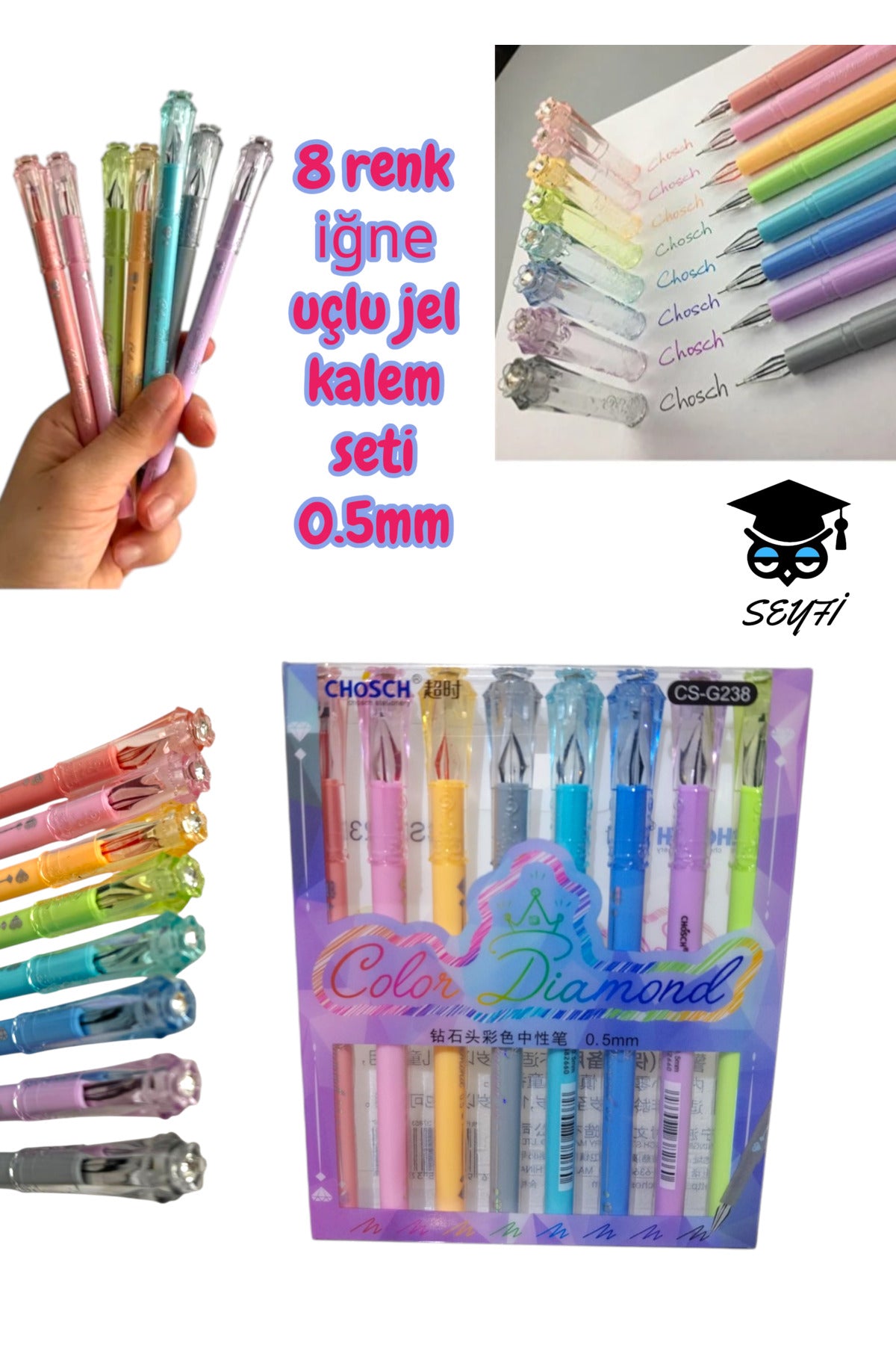 8 renk iğne uçlu jel kalem seti 0.5mm