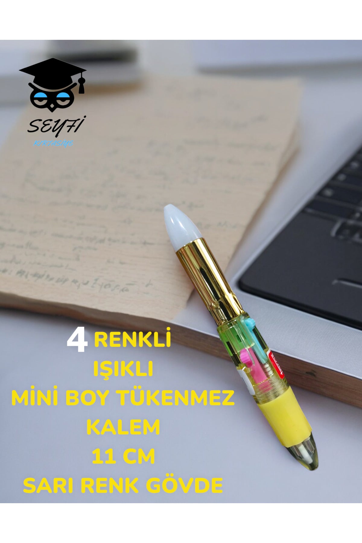 4 RENKLİ IŞIKLI MİNİ BOY TÜKENMEZ KALEM 11 CM RENKLİ GÖVDE