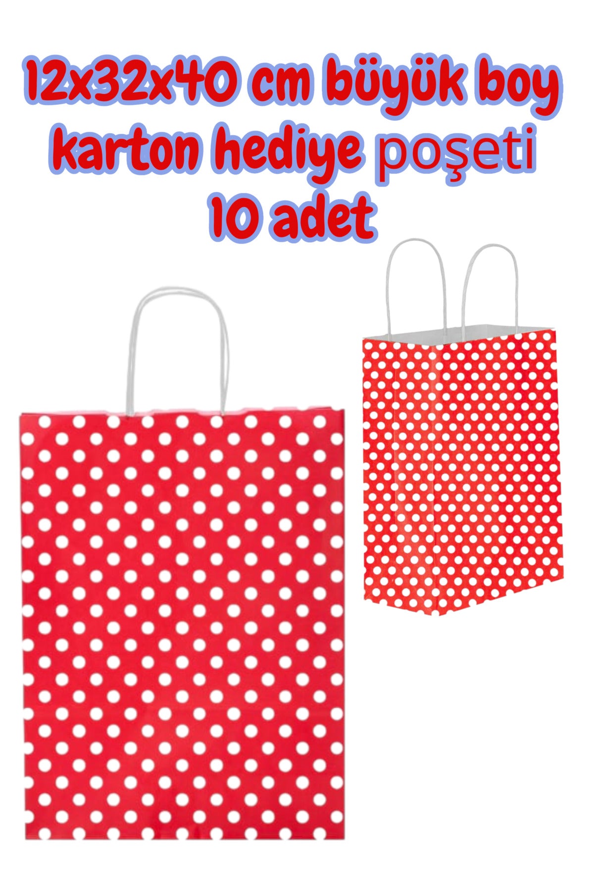 Kırmızı Puantiye 12x32x40 cm büyük boy karton hediye poşeti 10 adet