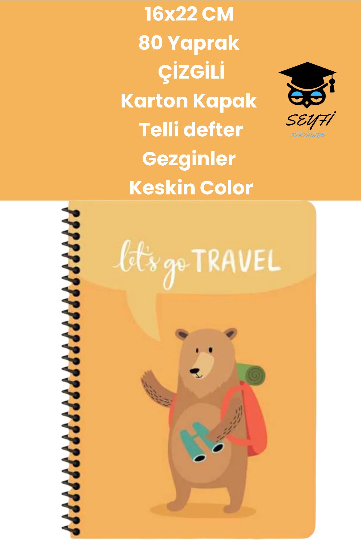 16x22 CM 80 Yaprak Çizgili Karton Kapak Telli defter Gezginler Keskin Color