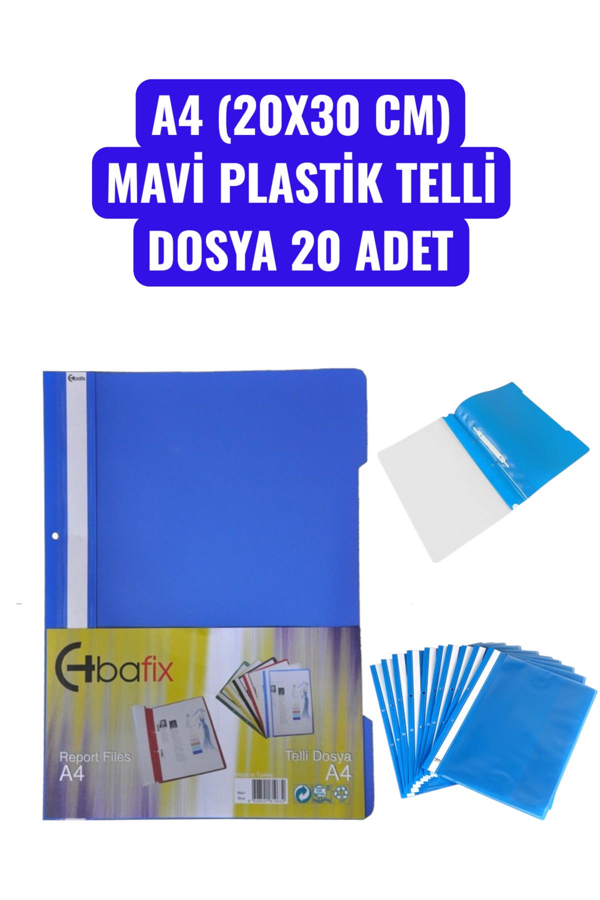 A4 (20X30 CM) MAVİ PLASTİK TELLİ DOSYA 20 ADET