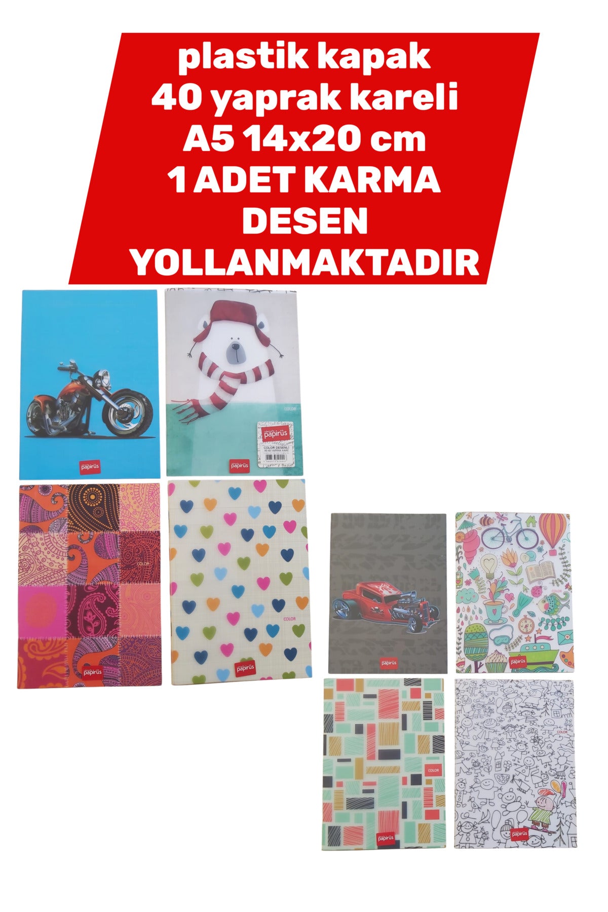 plastik kapak 14X20 CM A5 ebat 40 yaprak kareli defter 1 adet karma desen yollanmaktadır