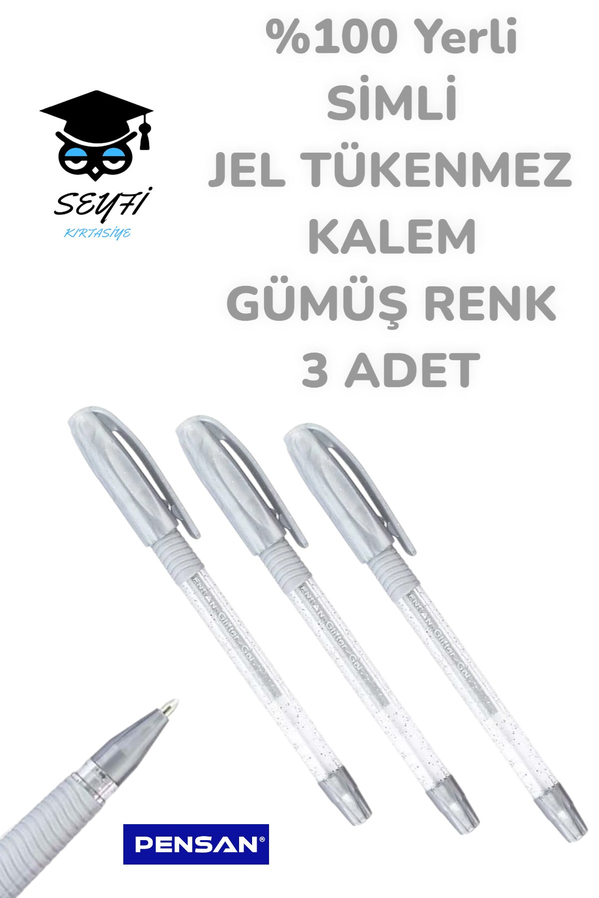 %100 Yerli SİMLİ JEL TÜKENMEZ KALEM GÜMÜŞ RENK 3 ADET PENSAN