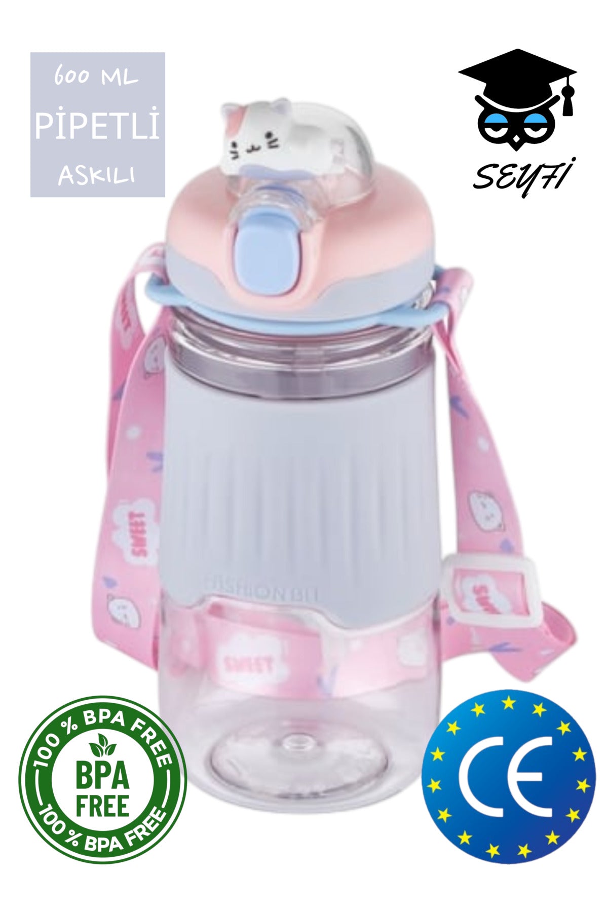 Pipetli 600 ml Boyun Askılı Kaydırmaz Gövde Hayvan Figürlü Su Matarası Vagonlife 2023