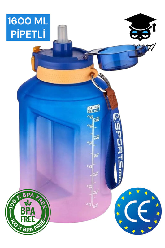 1600 Ml Çift Renk Pipetli Taşıma Askılı ve Kulplu Motivasyon Su Matarası Vagonlife 2307