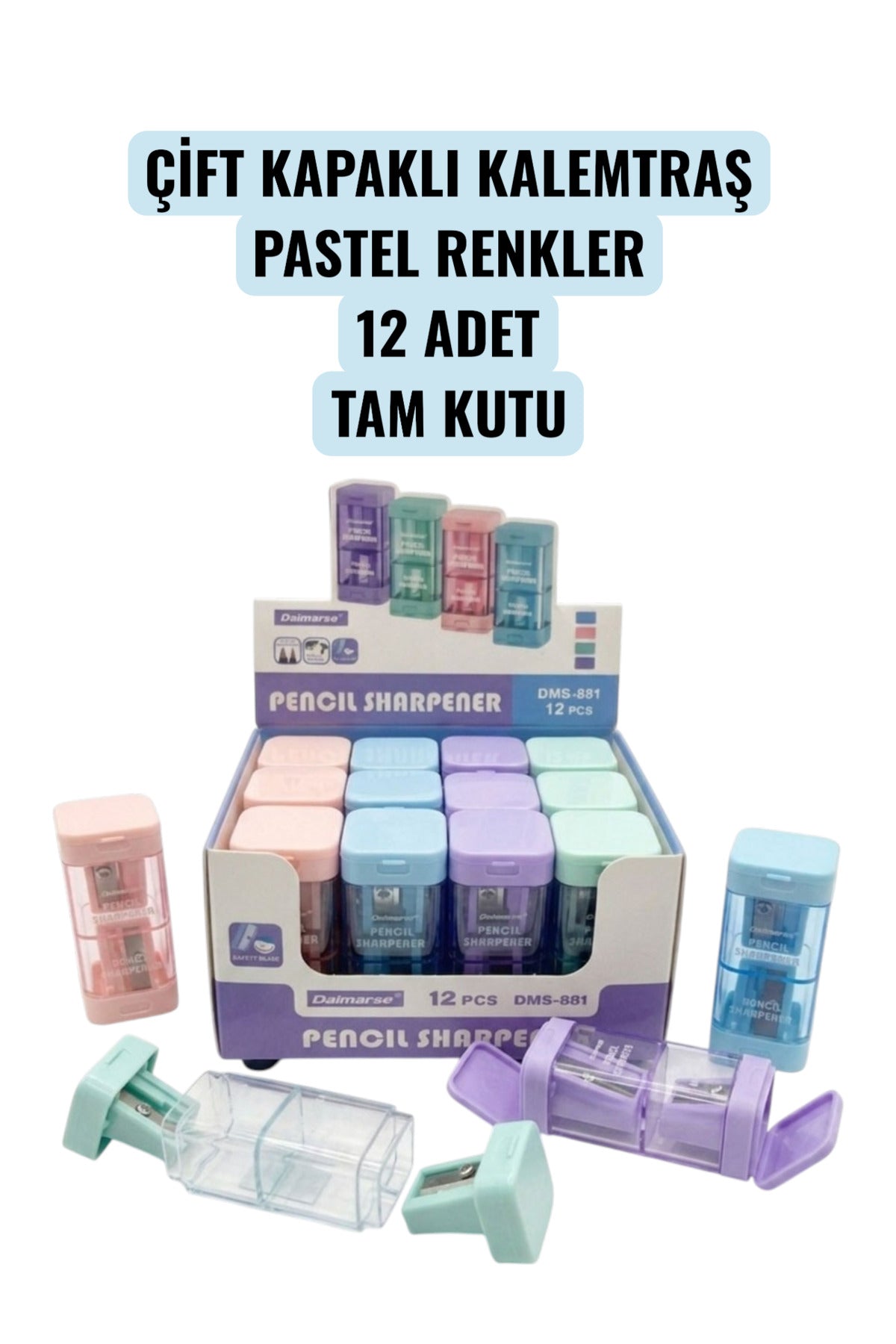 ÇİFT KAPAKLI KALEMTRAŞ PASTEL RENKLER 12 ADET TAM KUTU KALEMTIRAŞ