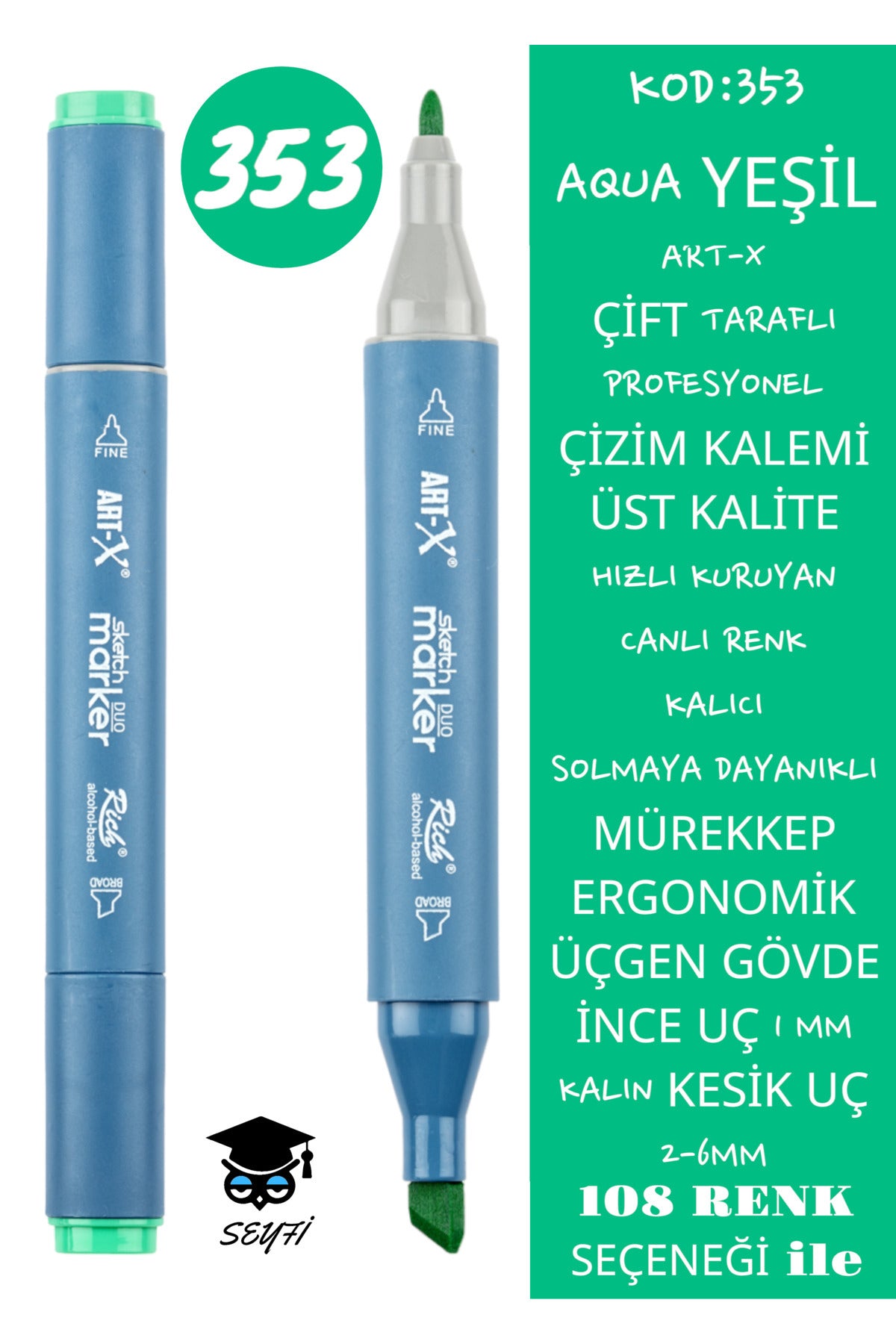 ÇİFT TARAFLI PROFESYONEL ÇİZİM KALEMİ KALICI MÜREKKEP ÜÇGEN GÖVDE İNCE UÇ 1 MM KESİK UÇ 2-6MM SKETCH