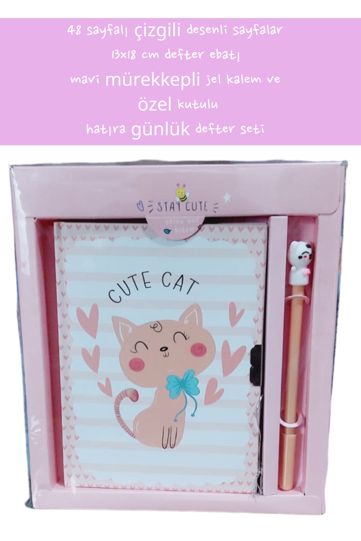 48 sayfalı çizgili desenli sayfalar 13x18 cm defter ebatı mavi mürekkepli jel kalem özel kutulu