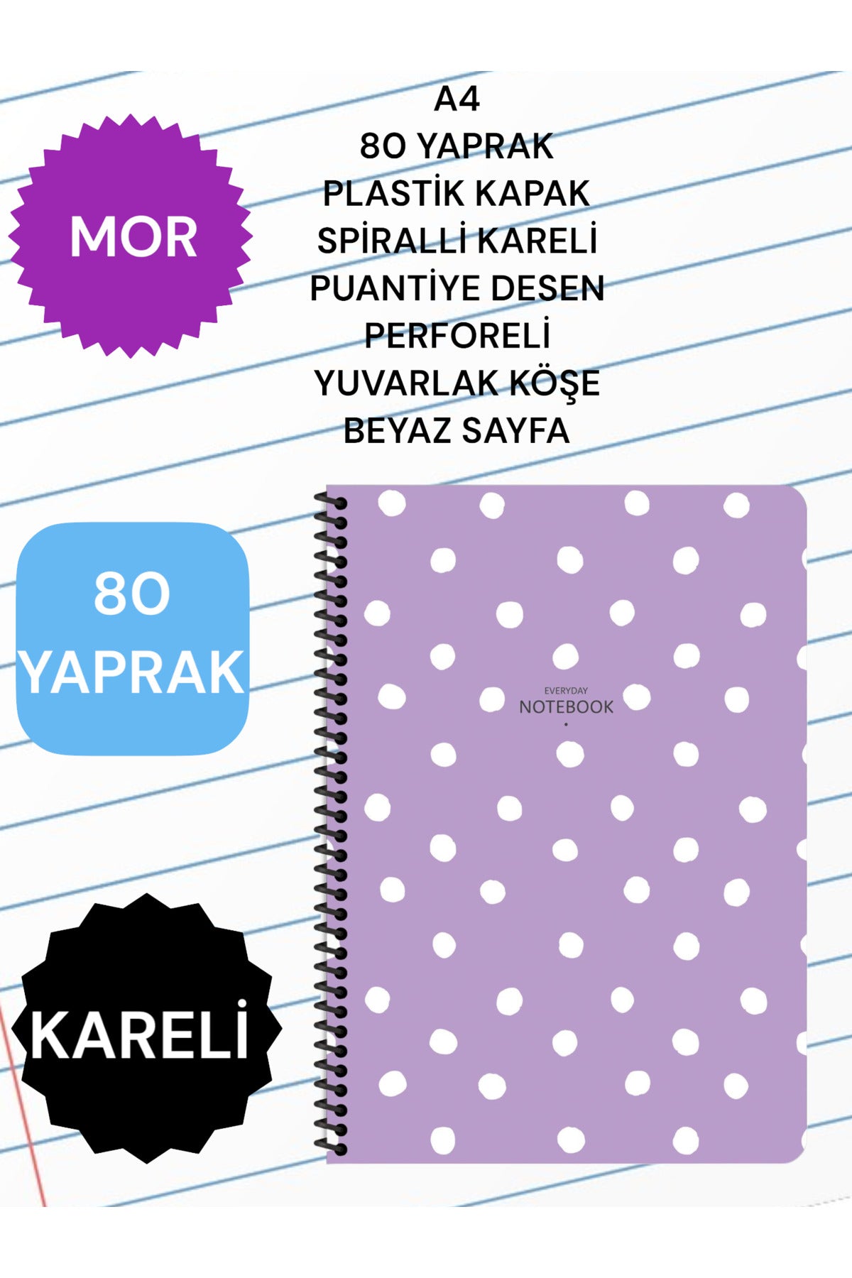 KARELİ A4 80 YAPRAK PLASTİK KAPAK SPİRALLİ PUANTİYE DESEN PERFORELİ YUVARLAK KÖŞE BEYAZ SAYFA