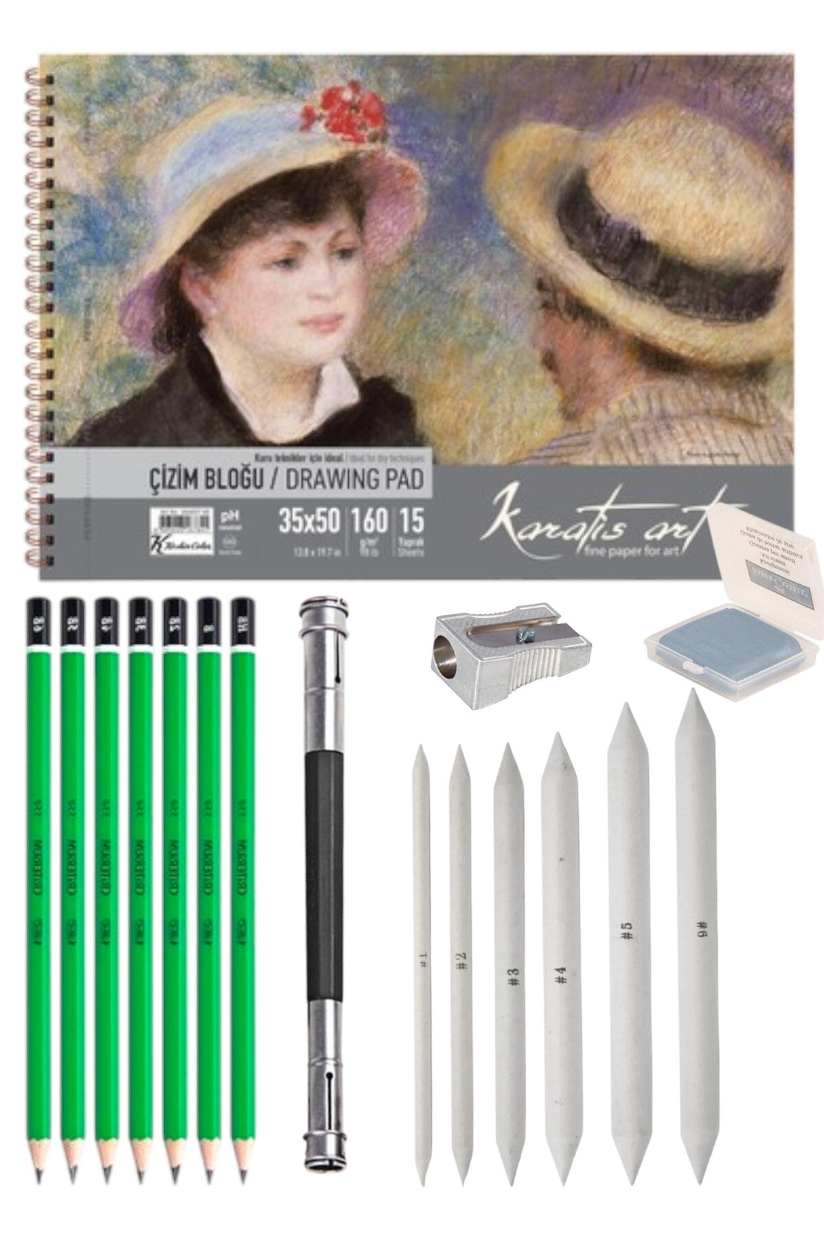 35X50 CM 160 GR ESKİZ DEFTERİ SETİ 7 ADET DERECELİ KALEM HB-B-2B-3B-4B-5B-6B PASTEL DAĞITICI ...