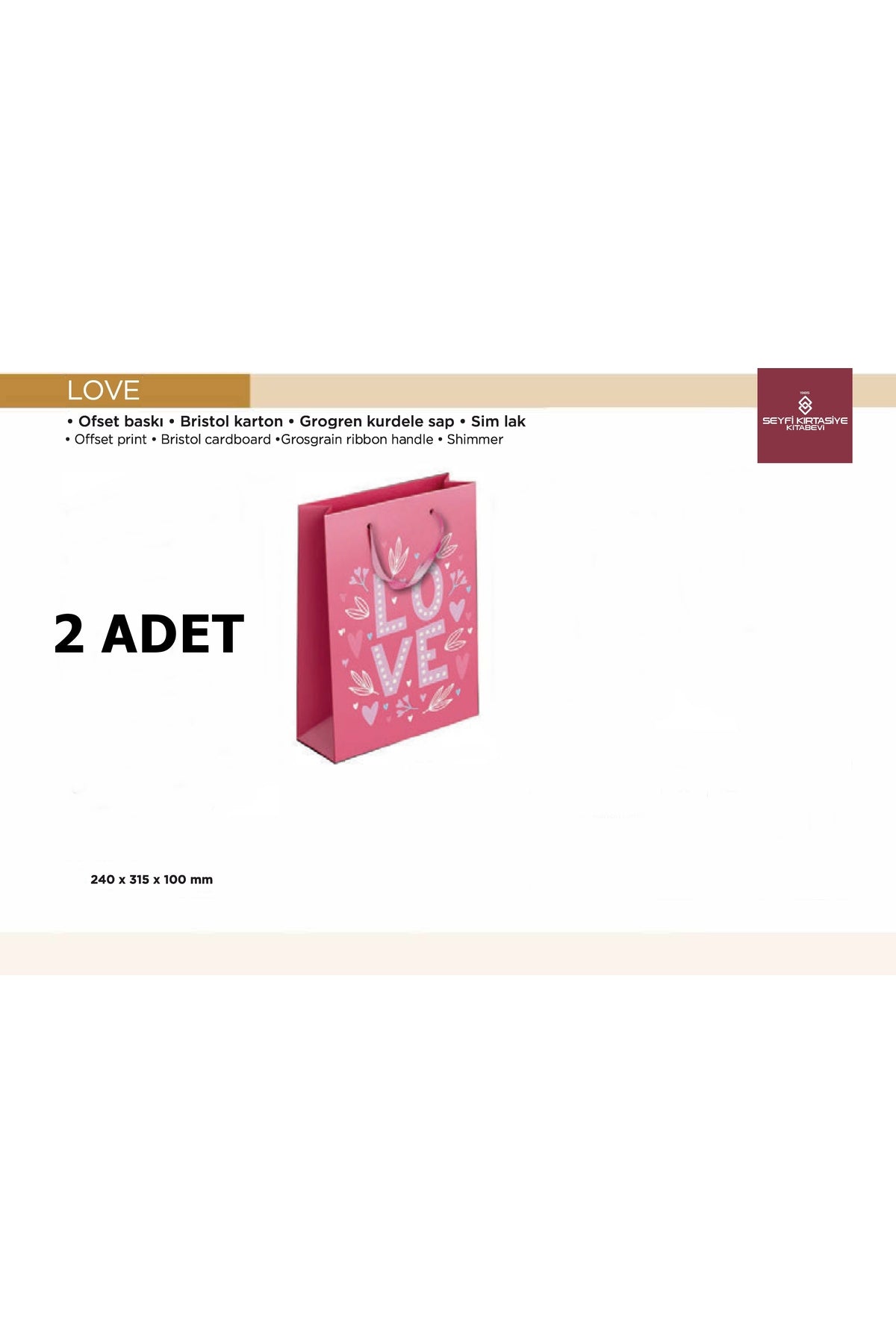 HEDİYELİK KARTON ÇANTA 2 ADET LOVE YAZILI 24X31X10 CM