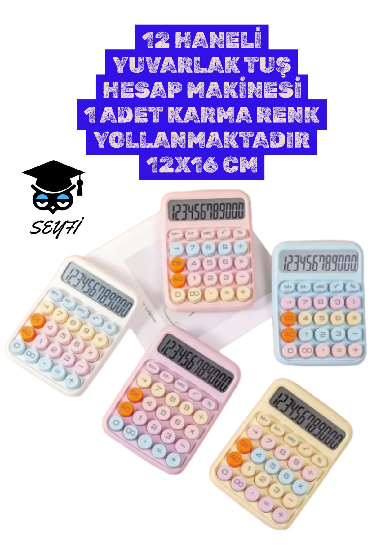 12 HANELİ YUVARLAK TUŞ HESAP MAKİNESİ 1 ADET KARMA RENK YOLLANMAKTADIR 12X16 CM