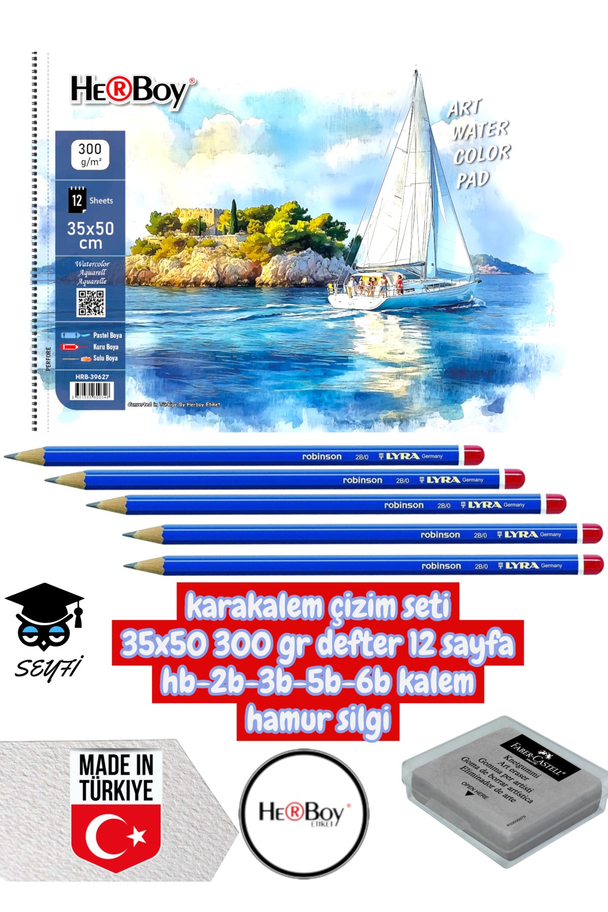 karakalem çizim seti 35x50 300 gr defter 12 sayfa hb-2b-3b-5b-6b kalem hamur silgi herboy