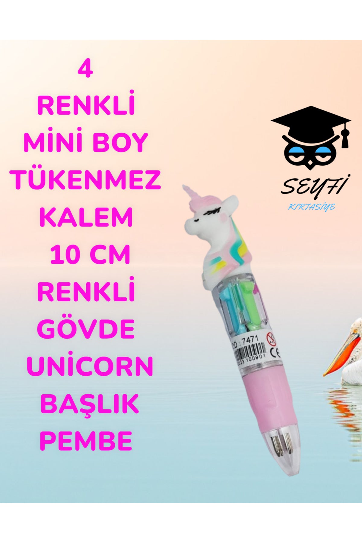 4 RENKLİ MİNİ BOY TÜKENMEZ KALEM 10 CM RENKLİ GÖVDE UNİCORN BAŞLIK