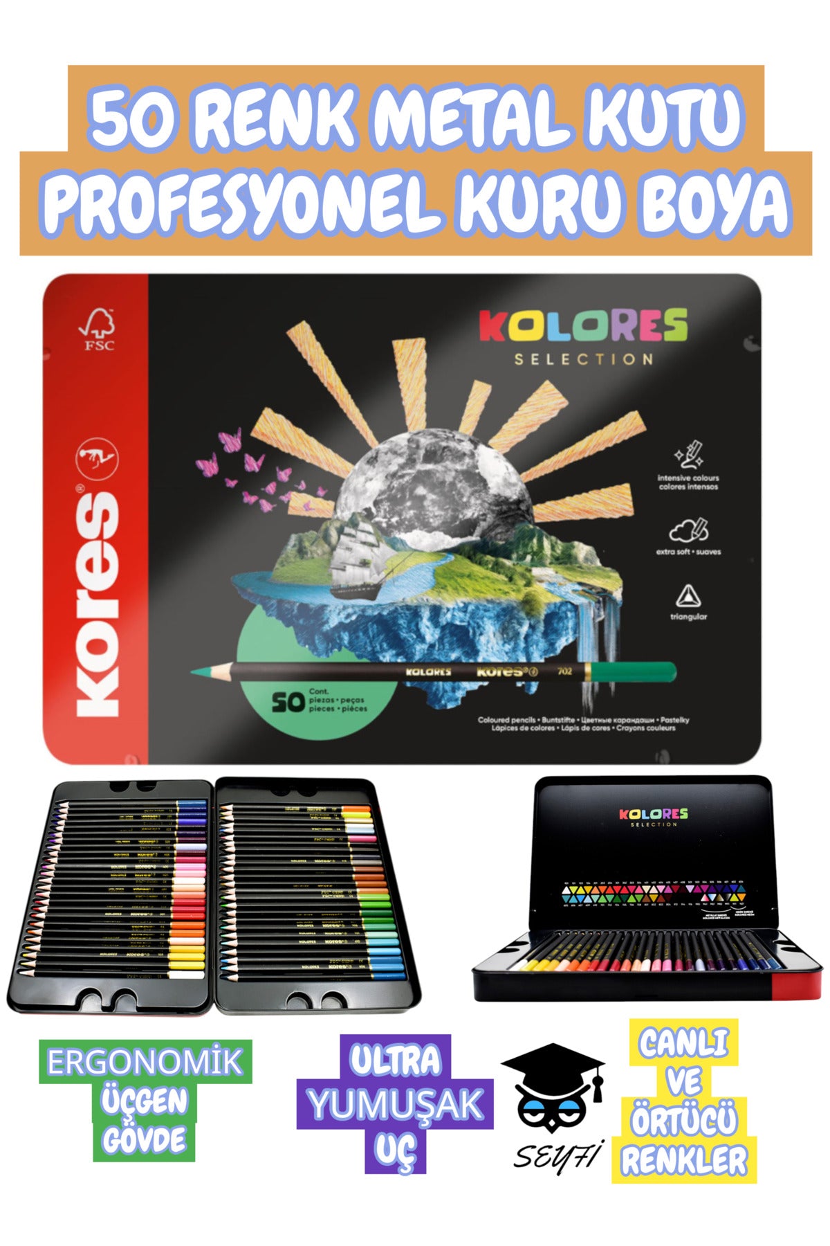 50 RENK METAL KUTU PROFESYONEL KURU BOYA ERGONOMİK ÜÇGEN GÖVDE ULTRA YUMUŞAK UÇ