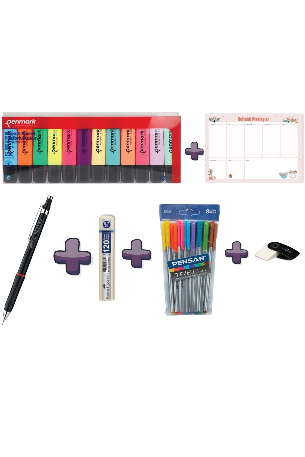 Kırtasiye Kalem Seti Rotring Rapid Faber 120lik Uç Penmark Fosforlu Kalem Pensan Triball Vs..