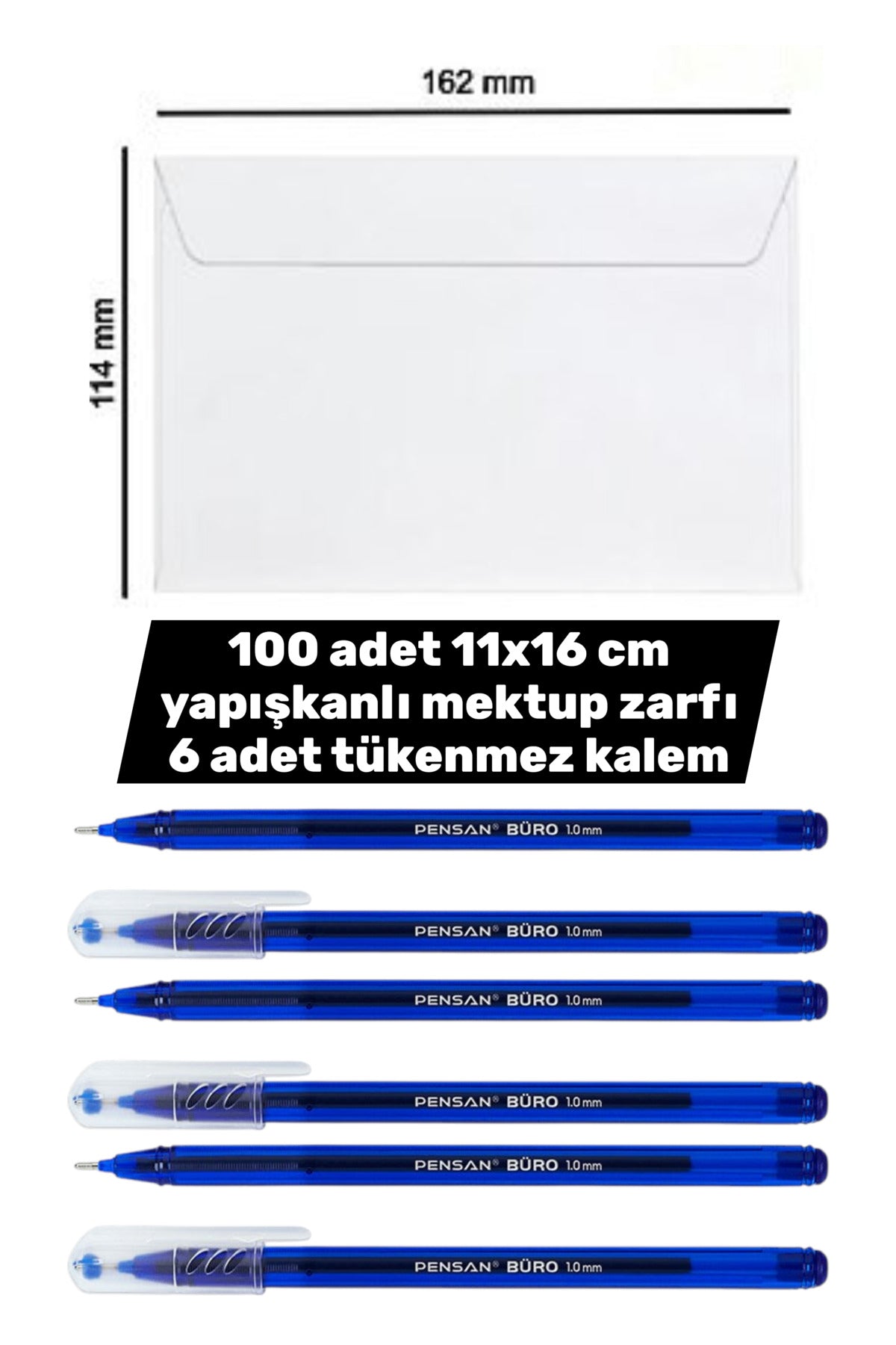 100 adet 11x16 cm yapışkanlı mektup zarfı 6 adet tükenmez kalem Türk Malı Yerli üretim