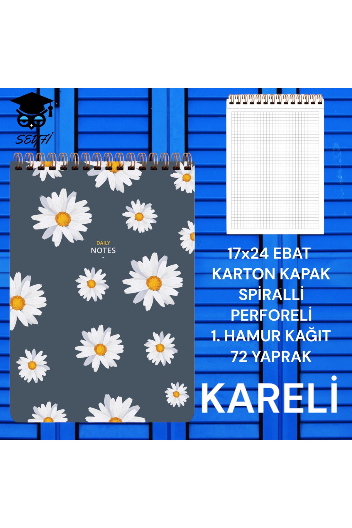 17X24 CM KARELİ 72 YAPRAK ÜSTTEN AÇILIR KARTON KAPAK TELLİ DEFTER BEYAZ SAYFA 1.HAMUR KAĞIT PERFORE