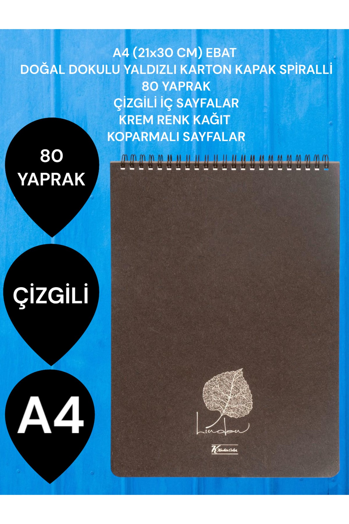 ÇİZGİLİ A4 (21x30 CM) 80 YAPRAK KARTON KAPAK SPİRALLİ KREM RENK SAYFALAR ÜSTTEN AÇILIR LİNDEN