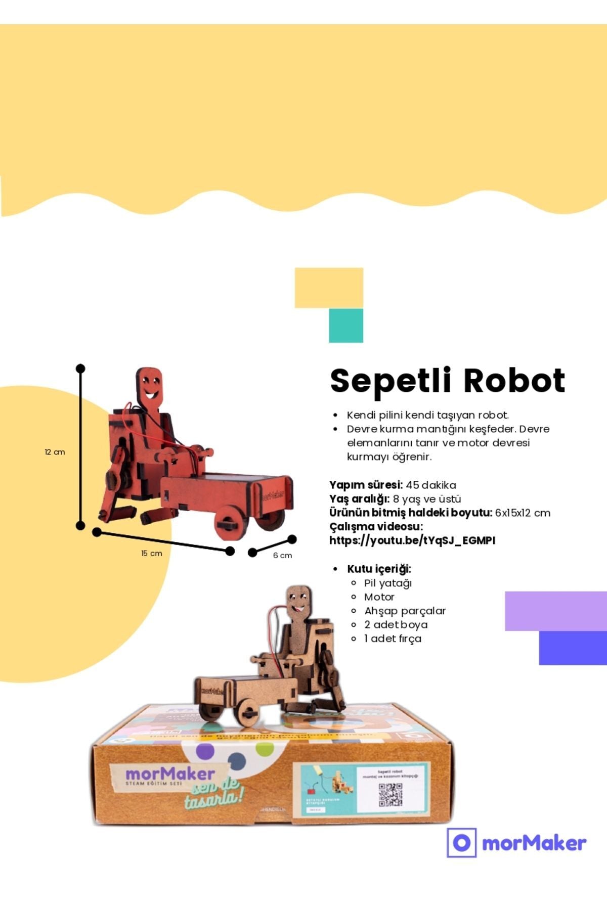 TÜRK MALI Sepetli Robot DC Motorlu Ahşap Oyuncak STEM-A Set Çocuklar için Boyanabilir Maket