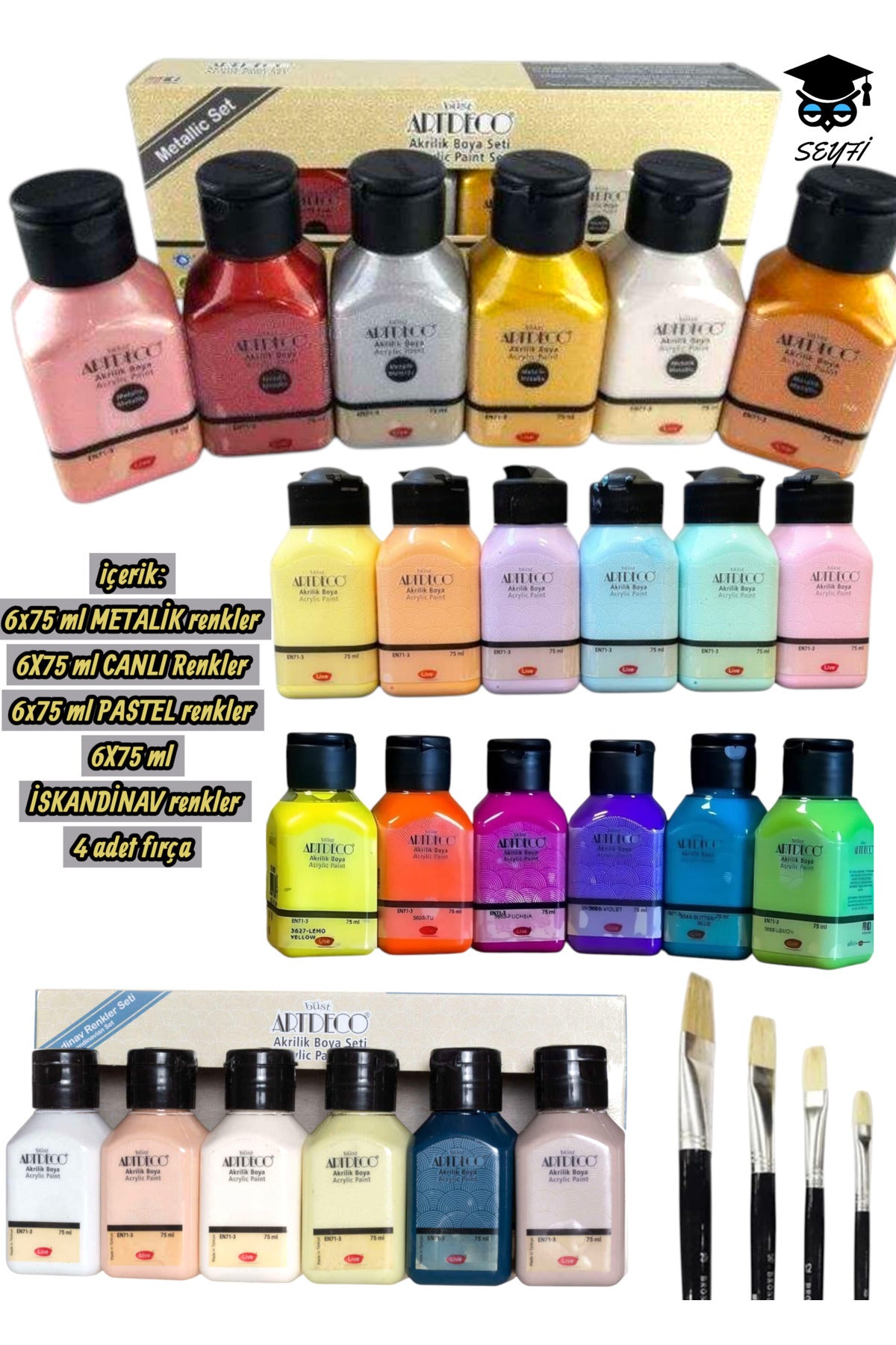 6x75 ml METALİK renkler 6X75 ml CANLI Renkler 6x75 ml PASTEL renkler 6X75 ml İSKANDİNAV renkler