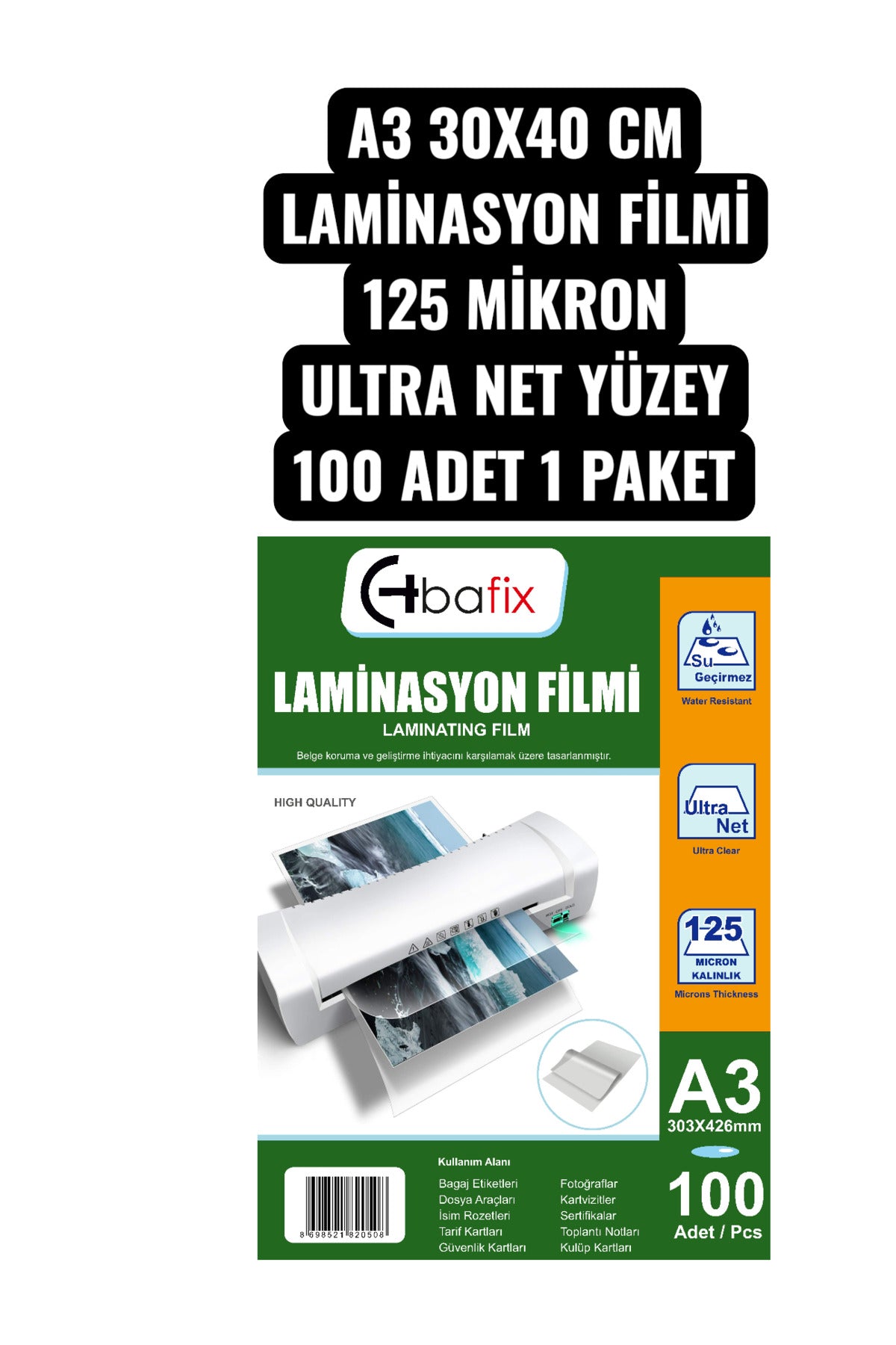 A3 30X40 CM LAMİNASYON FİLMİ 125 MİKRON ULTRA NET 100 ADET 1 PAKET