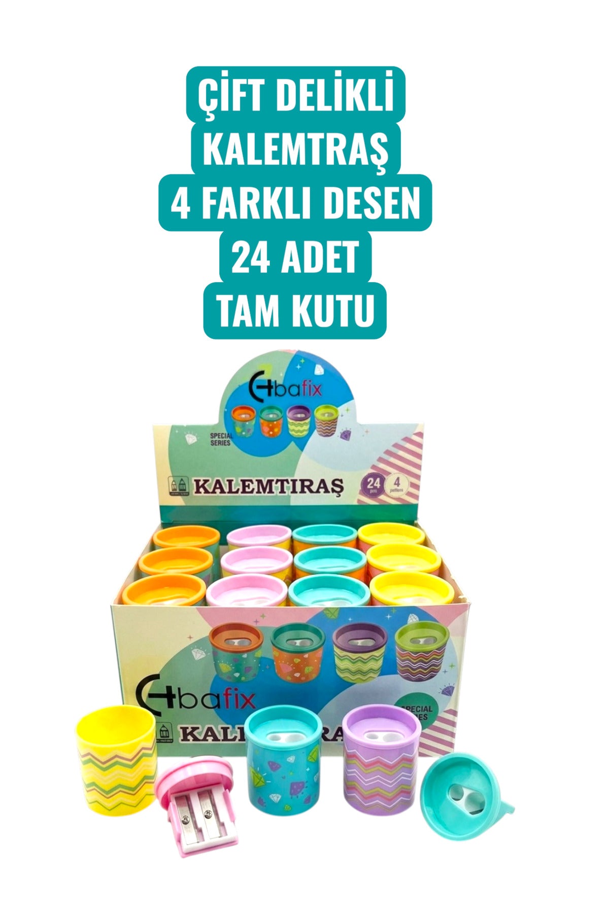 ÇİFT DELİKLİ KALEMTRAŞ 4 FARKLI DESEN 24 ADET TAM KUTU KALEMTIRAŞ