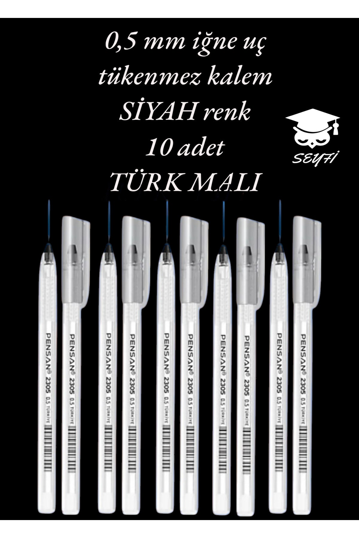 0.5 Mm Iğne Uç Siyah Tükenmez Kalem 10 Adet Yeni Seri Yeni Üretim Türk Malı Pensan 2305 Siyah