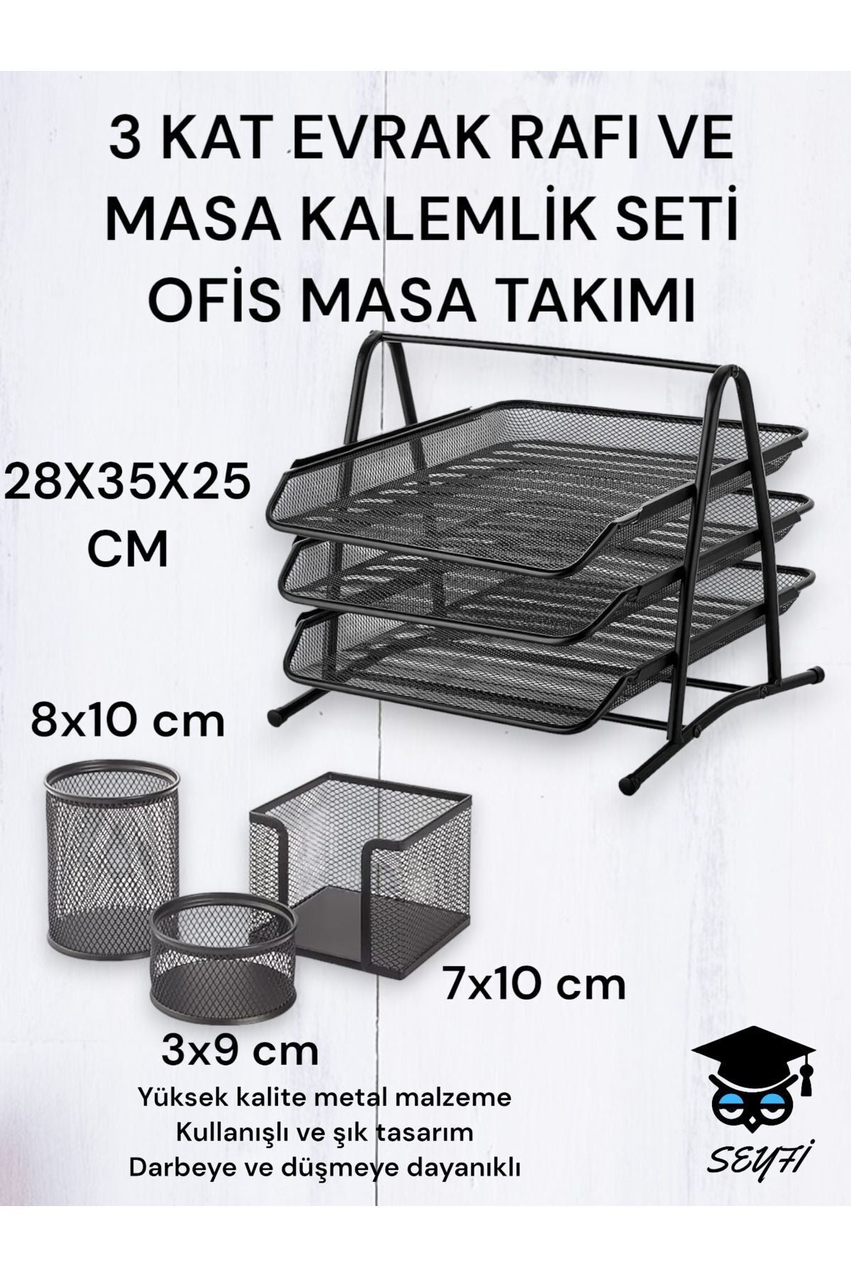 3 KAT METAL EVRAK RAFI VE 3 LÜ MASA KALEMLİK SETİ OFİS TAKIMI METAL PERFORE SİYAH