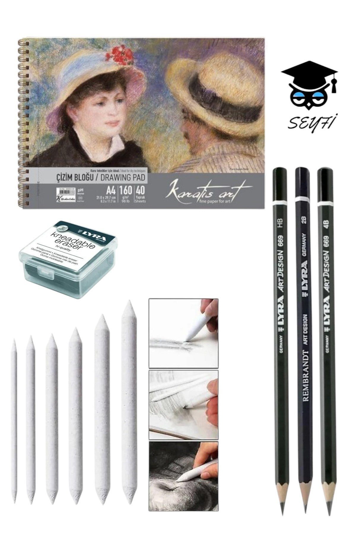 KARA KALEM ÇİZİM SETİ 160 GR A4 ESKİZ DEFTERİ 3 ADET KALEM 1 ADET SİLGİ 6 LI PASTEL DAĞITICI
