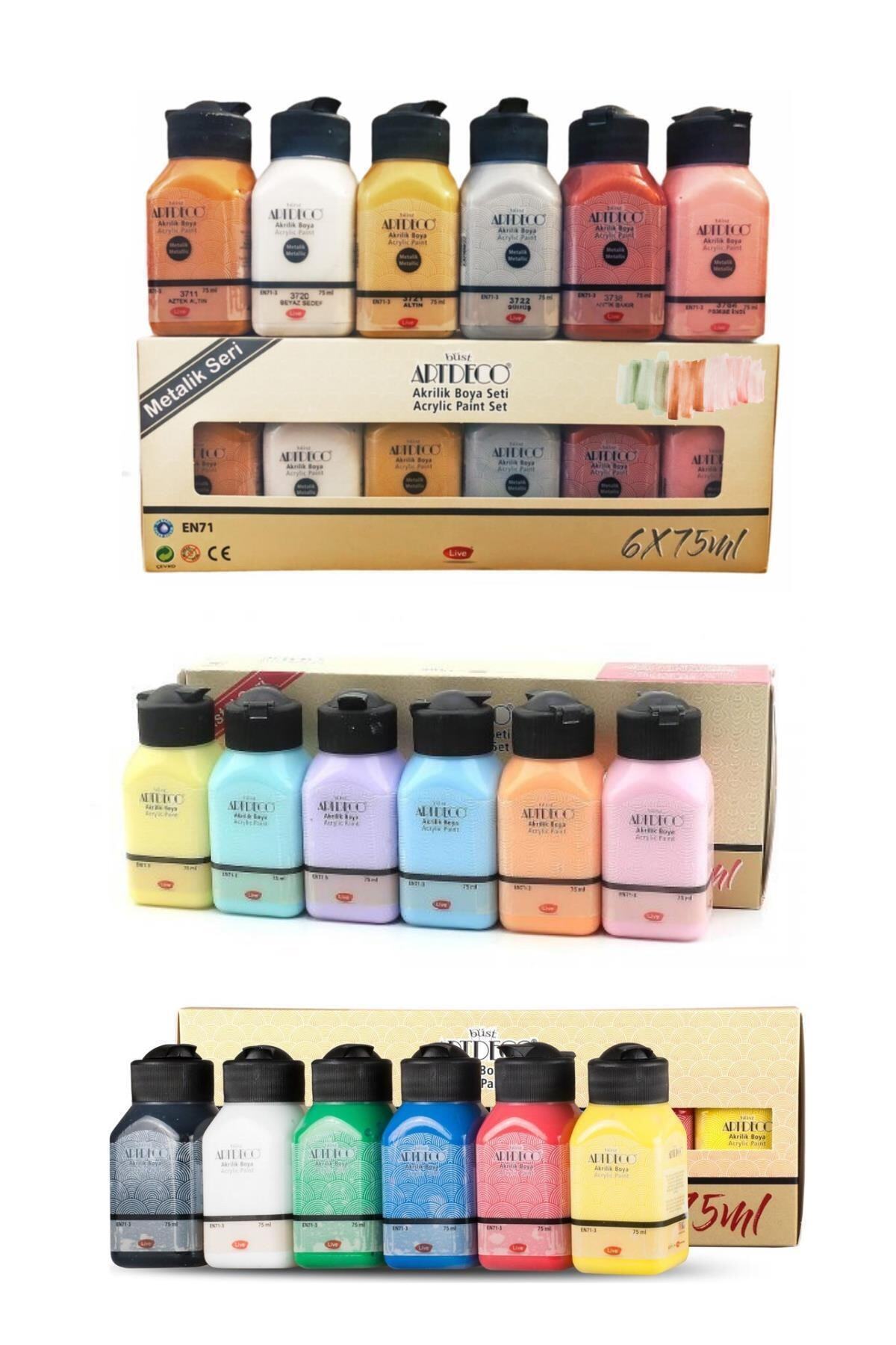 Akrilik Boya 6x75 ml Metalik Renkler + 6x75ml Pastel Renkler + 6x75ml Canlı Renkler