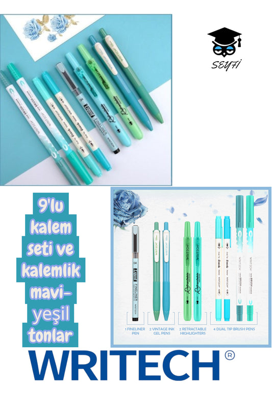 writech 9'lu kalem seti tükenmez kalem seti jel kalem fosforlu kalem fırça uçlu kalem çift taraflı