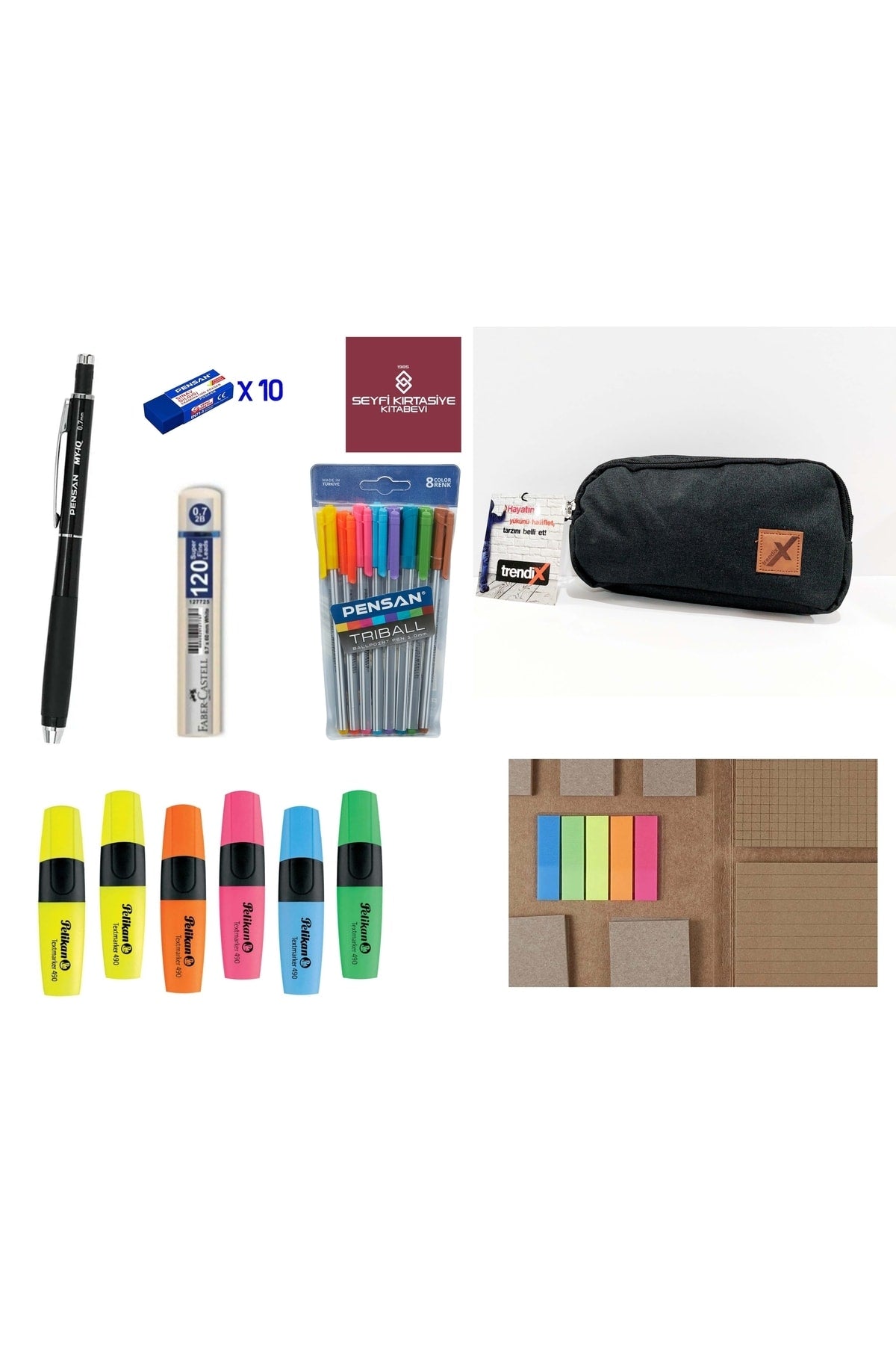 Kırtasiye Seti Pensan My Iq 07 10 Tane Silgi Kalemlik Fosforlu Kalem Tükenmez Kalem Set Kraft Defter