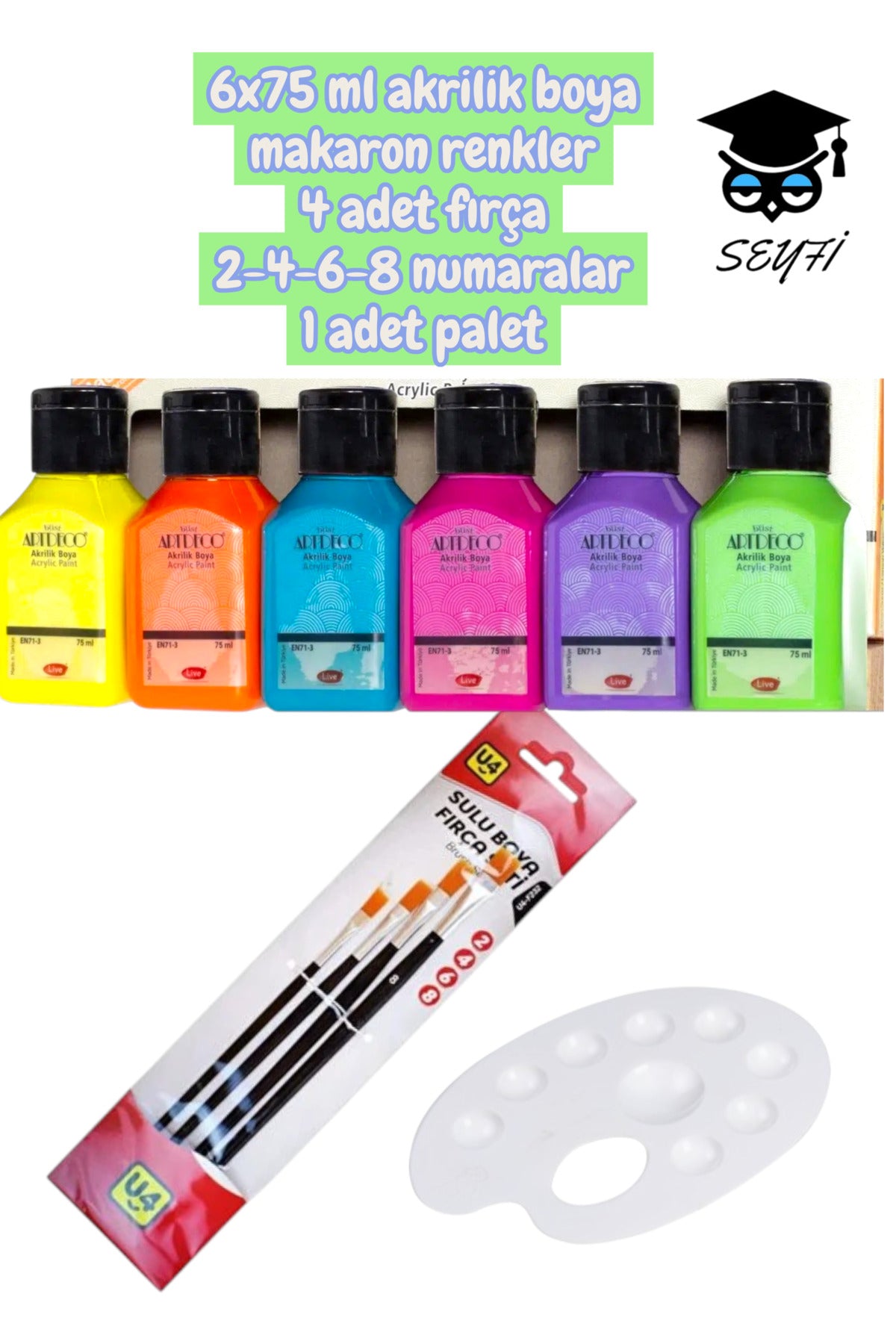 artdeco 6x75 ml akrilik boya makaron renkler 4 adet fırça 2-4-6-8 numaralar 1 adet palet