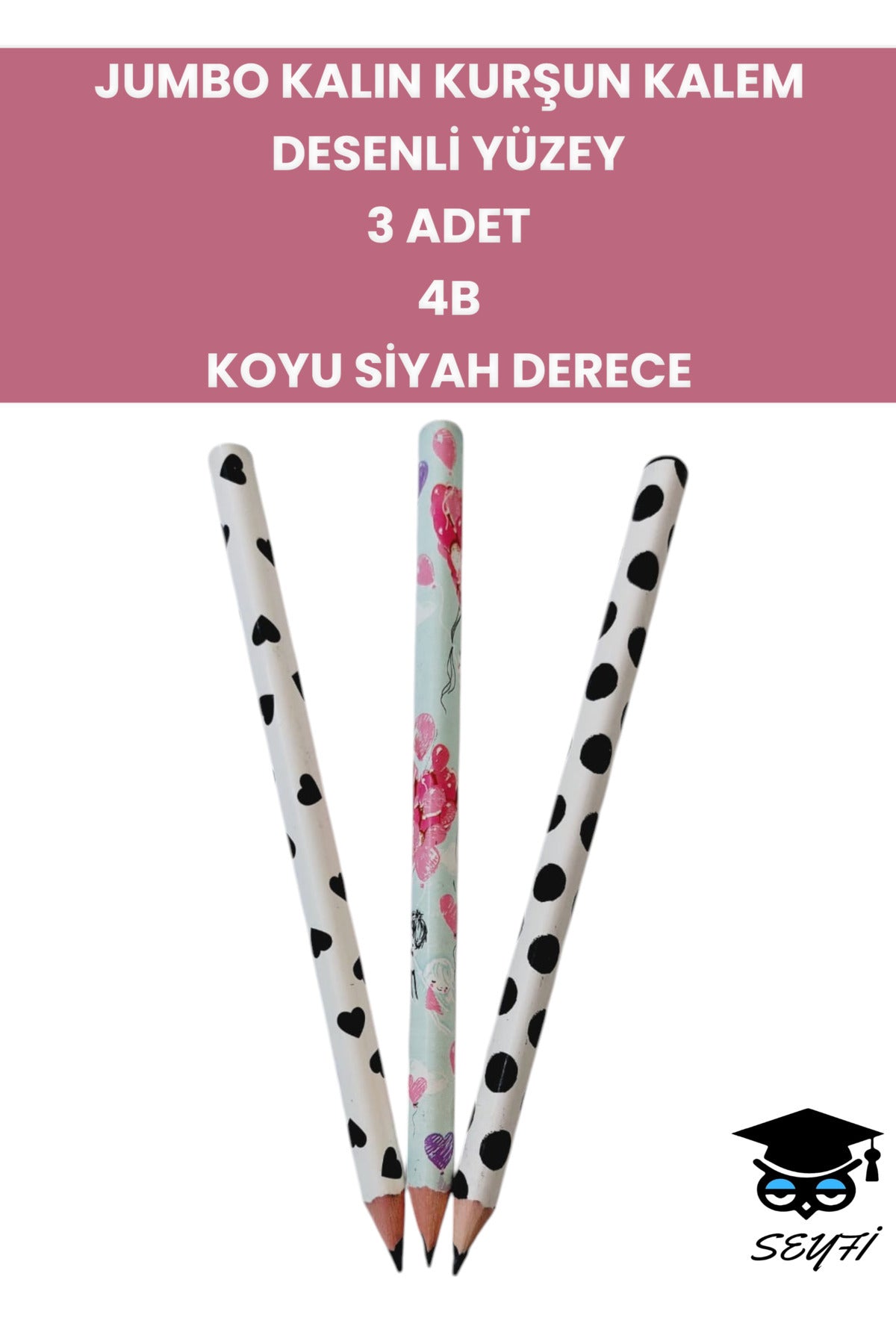 JUMBO KALIN KURŞUN KALEM DESENLİ YÜZEY 3 ADET 4B KOYU SİYAH DERECE