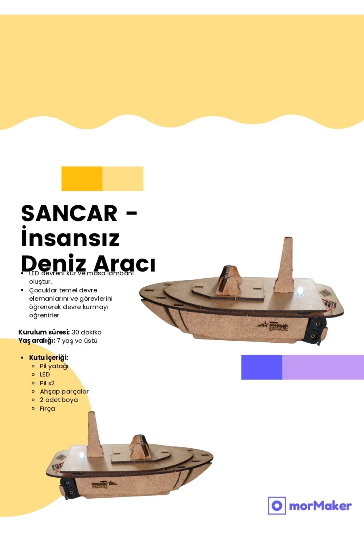 TÜRK MALI SANCAR İnsansız Deniz Aracı Ahşap Oyuncak STEM Eğitim Seti Çocuklar için Boyanabilir Maket