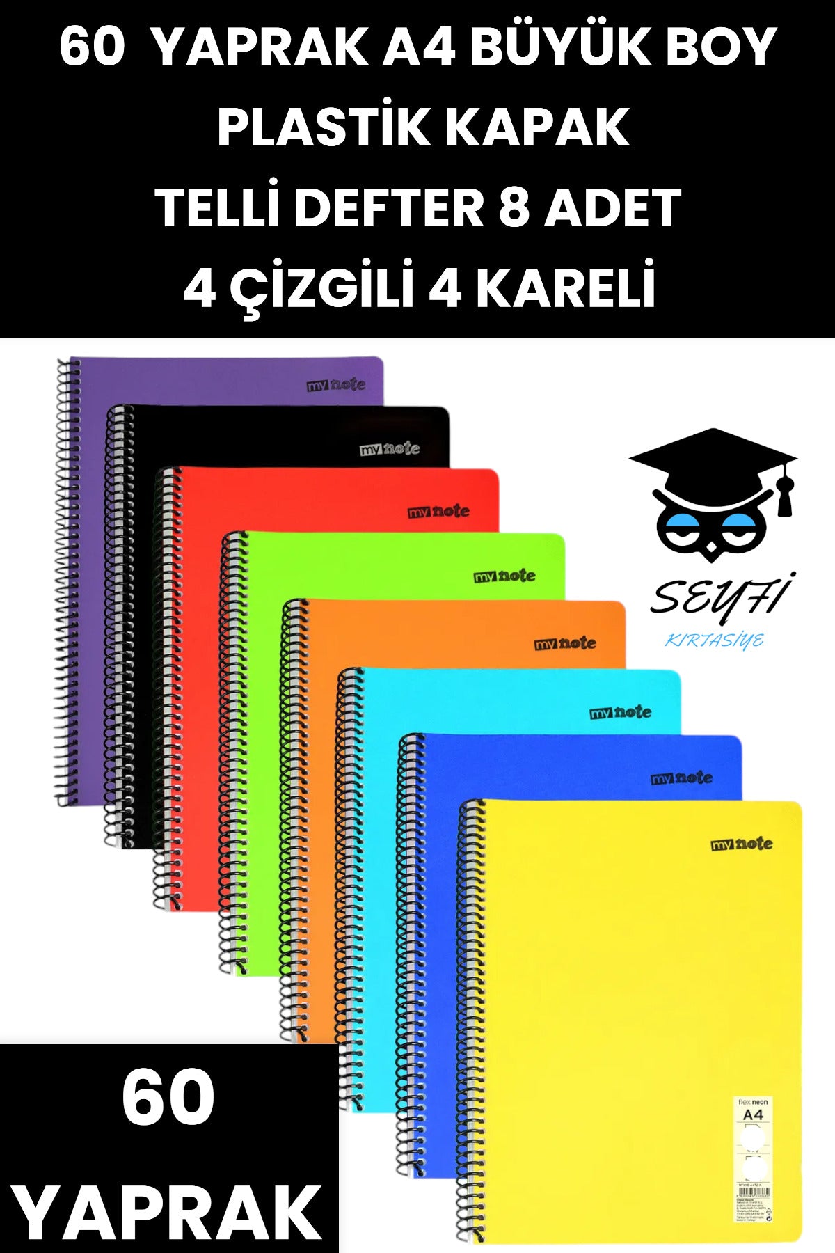 60 YAPRAK A4 TELLİ DEFTER 8 ADET 4 ÇİZGİLİ 4 KARELİ PLASTİK KAPAK