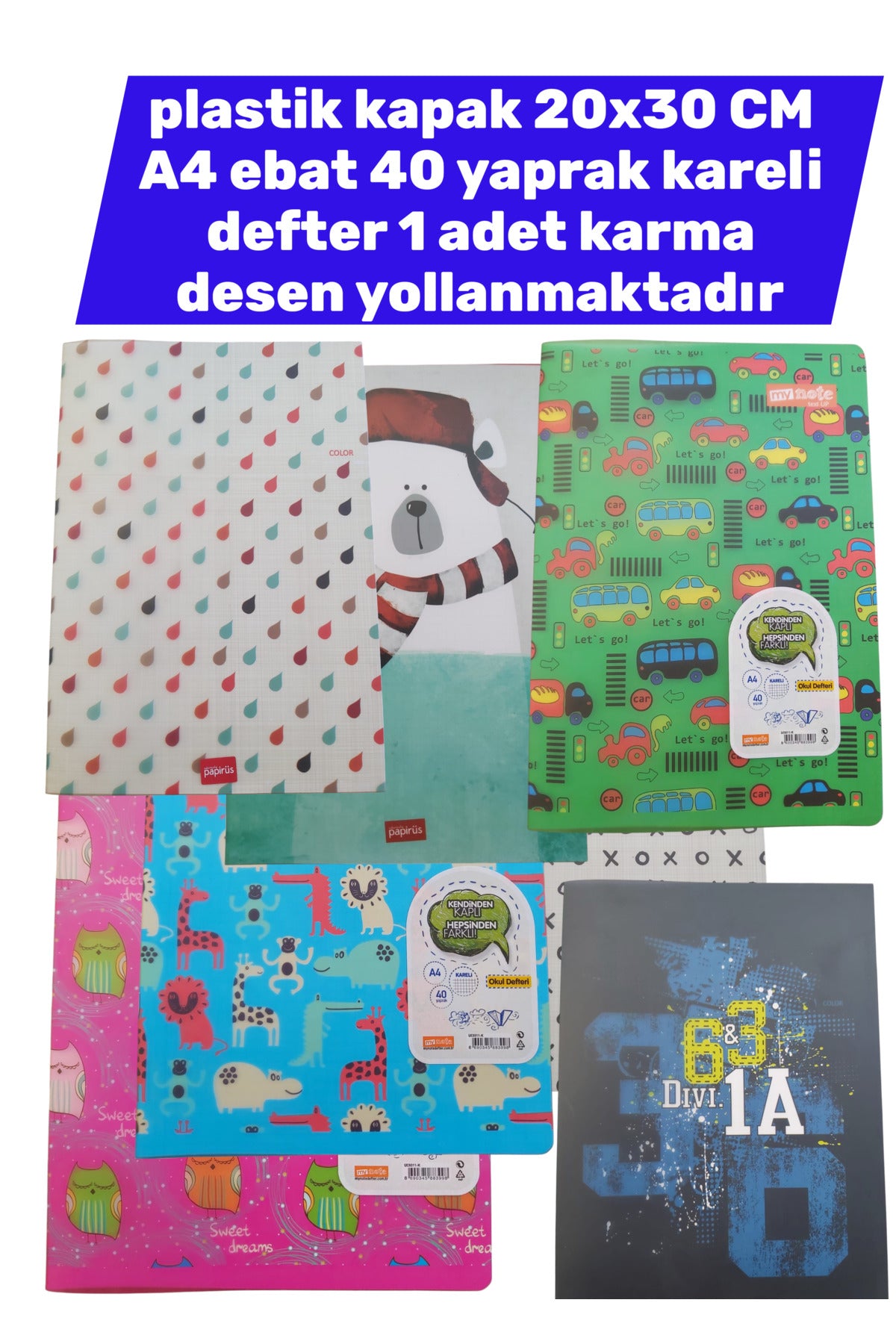 plastik kapak 20x30 CM A4 ebat 40 yaprak kareli defter 1 adet karma desen yollanmaktadır