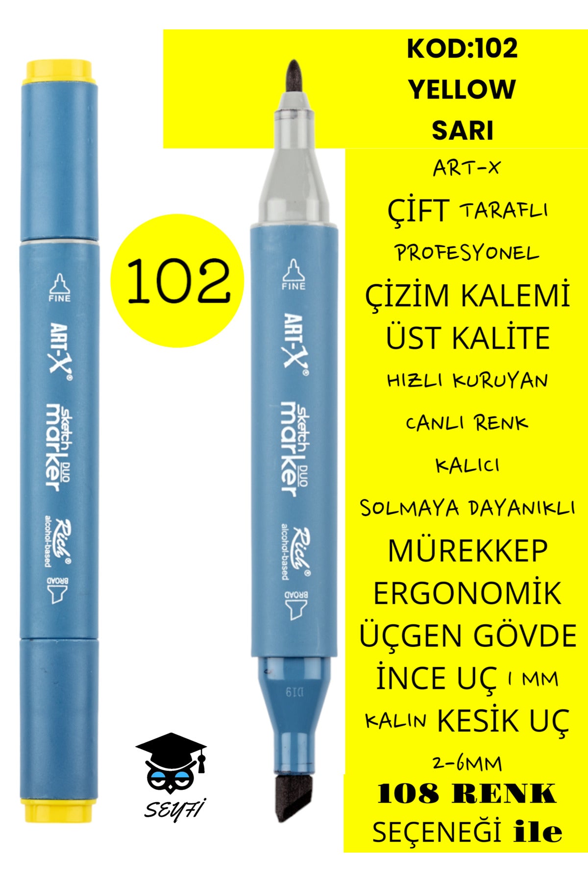 ÇİFT TARAFLI PROFESYONEL ÇİZİM KALEMİ KALICI MÜREKKEP ÜÇGEN GÖVDE İNCE UÇ 1 MM KESİK UÇ 2-6MM SKETCH