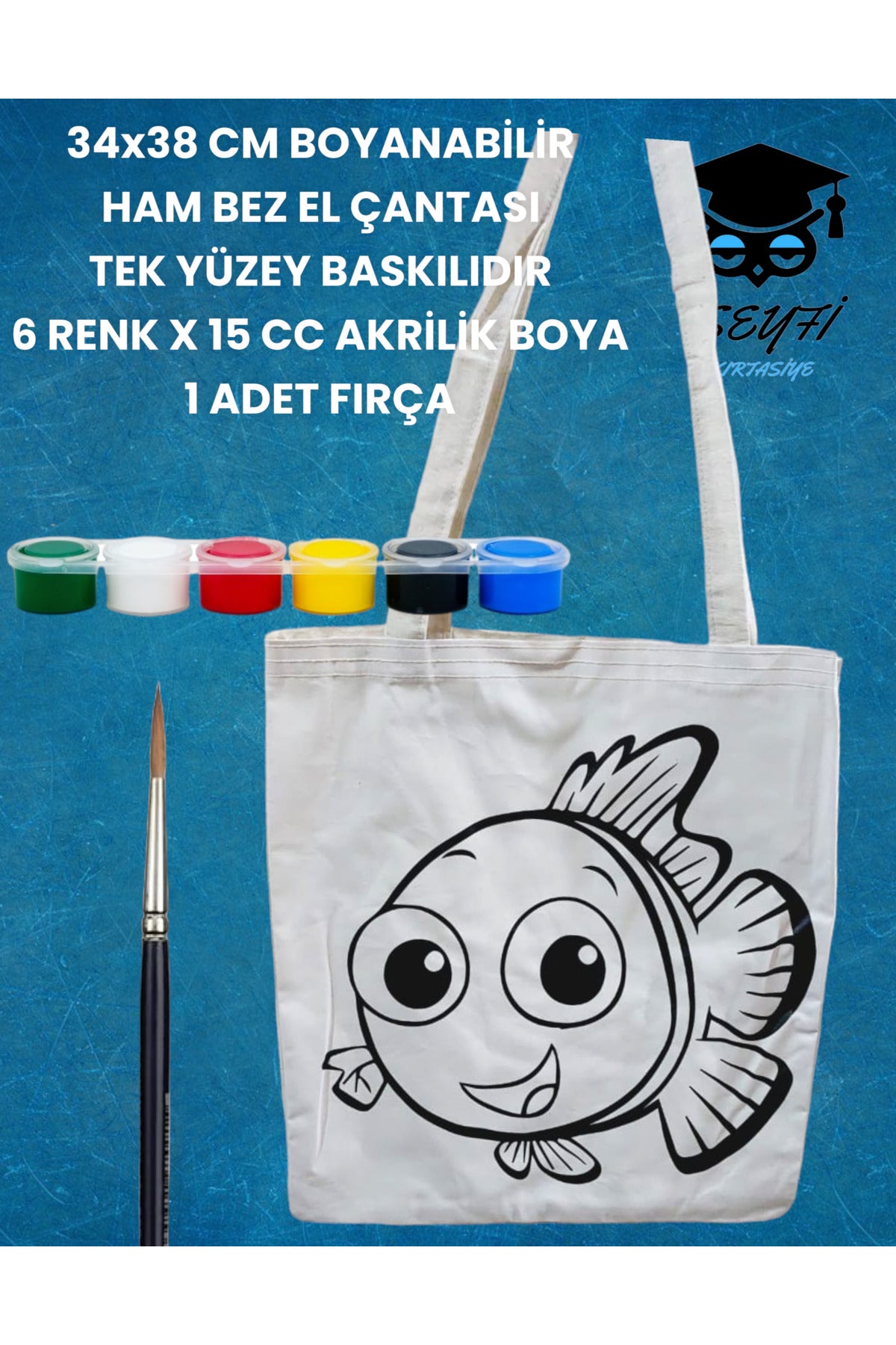 34x38 CM BOYANABİLİR HAM BEZ EL ÇANTASI TEK YÜZEY BASKILIDIR 6 RENK X 15 CC AKRİLİK BOYA 1 FIRÇA