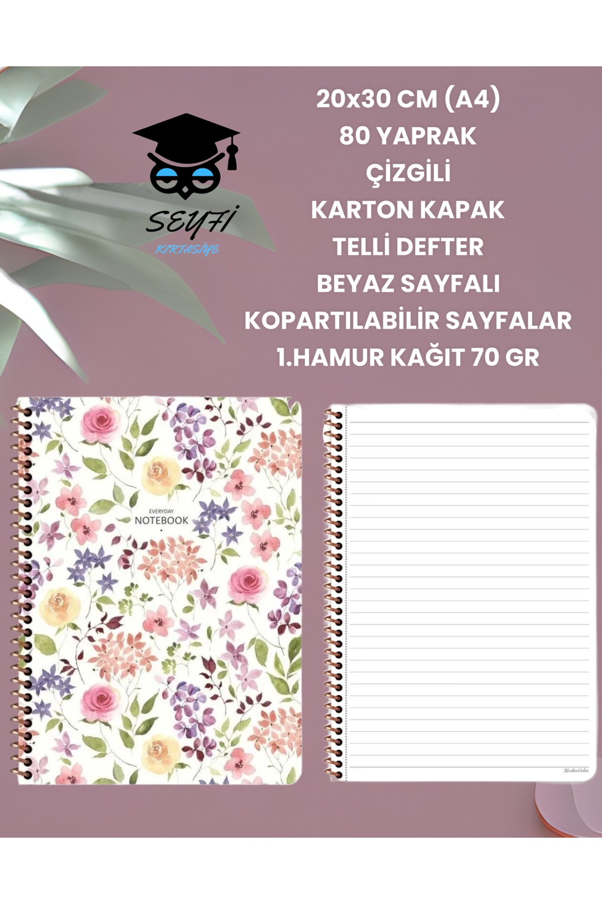 20x30 CM (A4) 80 YAPRAK ÇİZGİLİ KARTON KAPAK TELLİ DEFTER BEYAZ SAYFALI KOPARTILABİLİR SAYFALAR