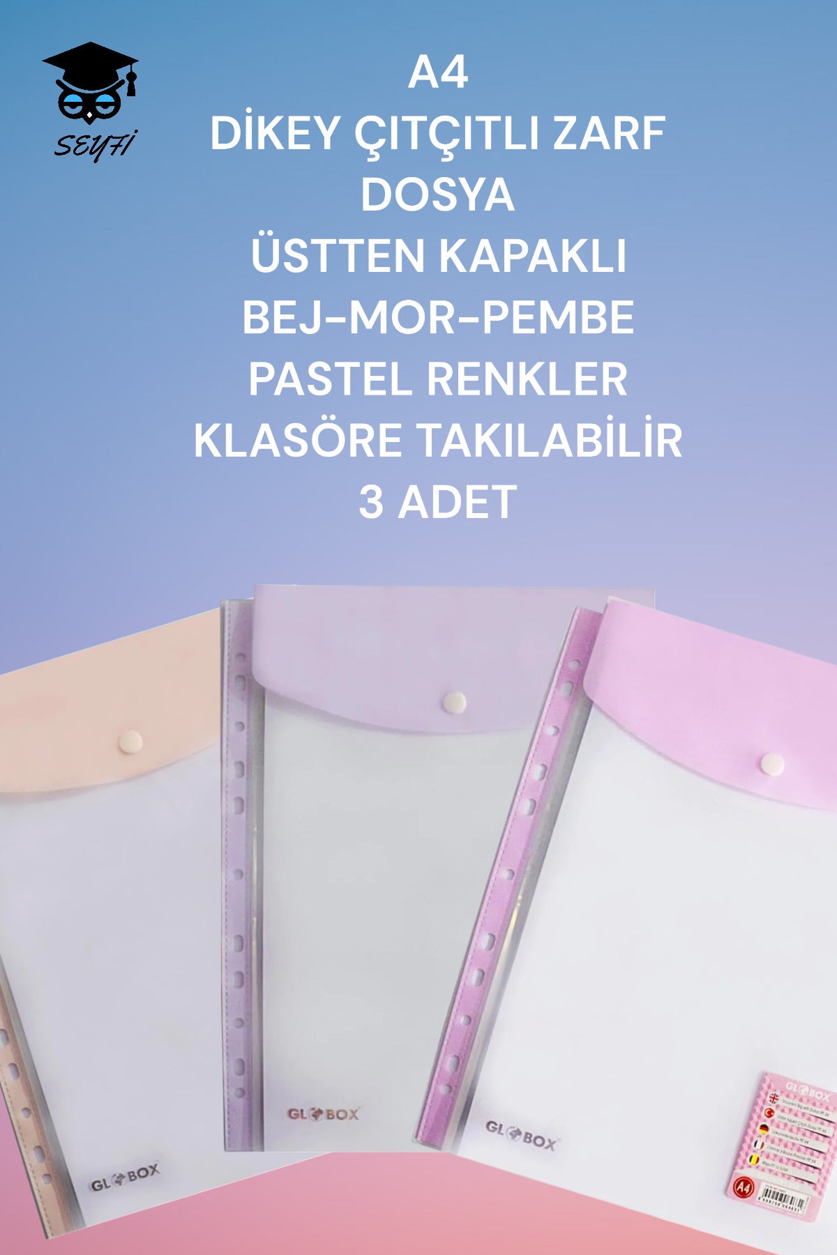 A4 DİKEY ÇITÇITLI ZARF DOSYA ÜSTTEN KAPAKLI BEJ-MOR-PEMBE PASTEL RENKLER KLASÖRE TAKILABİLİR 3 ADET